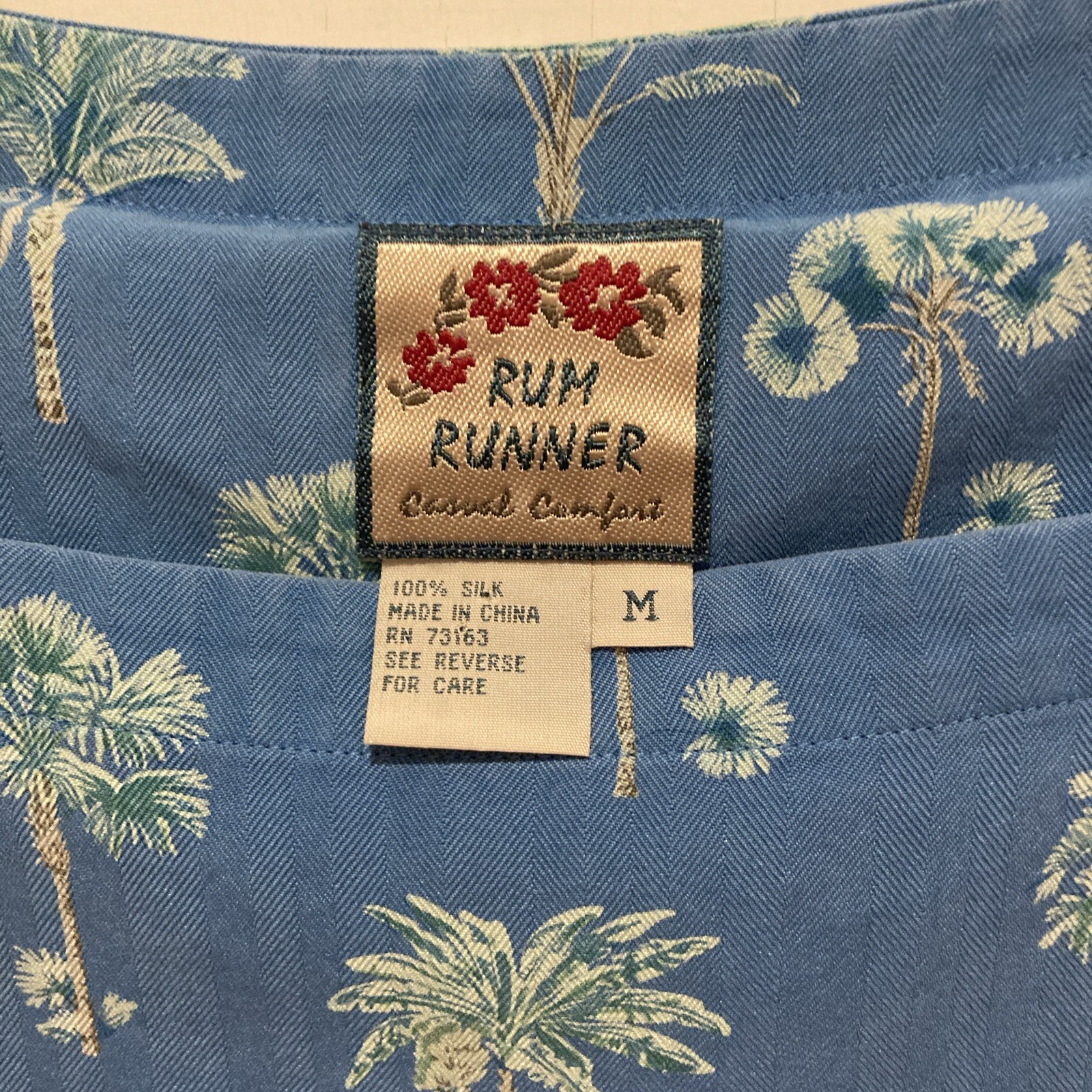 Rum Runner Hawaiian Silk Maxi Tiki Dress M-L Blue Green Tropic Palm Tree Vintage