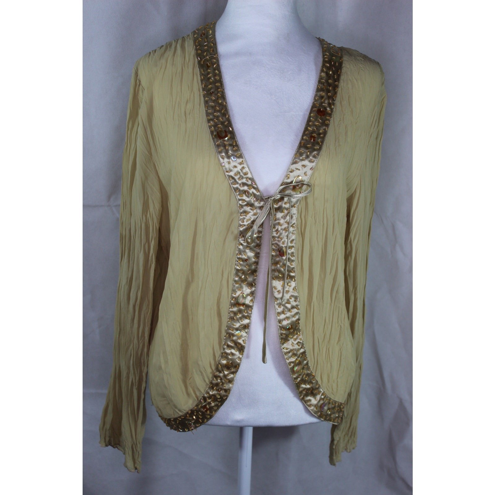 Vintage Kaelyn Max Y2K 90s Sheer Cardigan Beaded Satin Trim Tie Front XL