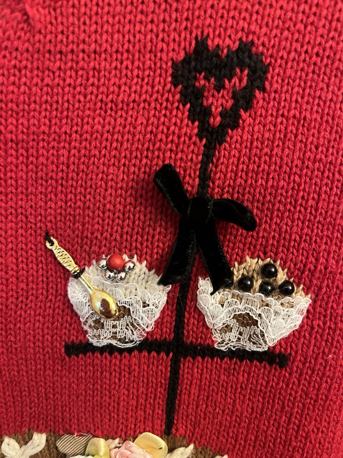 Vtg 90 Cardigan Sweater Susan Bristol Hand Knit Embroidery Kitchen Pie Baking L