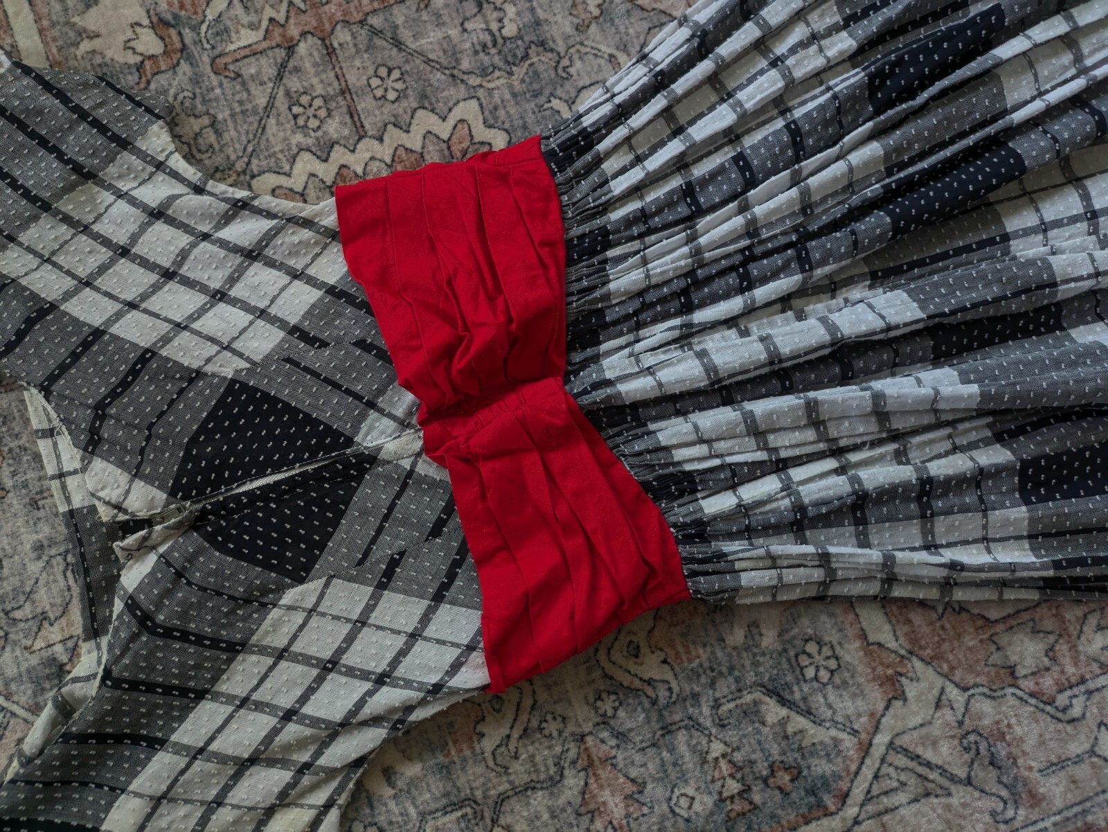 Vintage 1950s Lana Lobell Plaid Dress Red Scarf Waist Short Sleeve