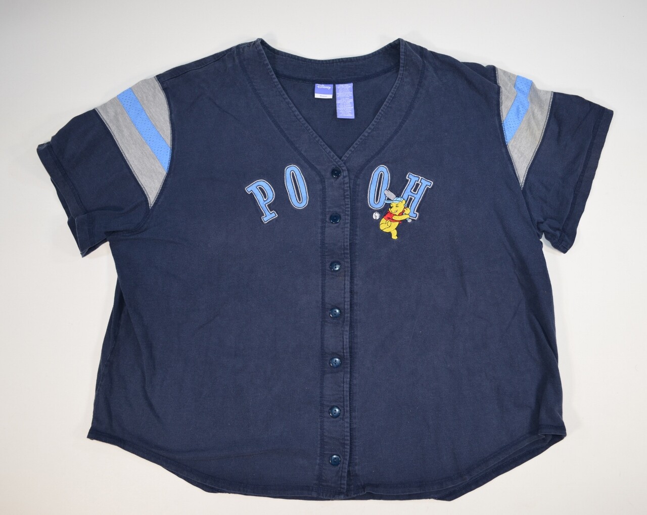 VTG Y2K Disney Winnie the Pooh Baseball Jersey Shirt Woman Size 28W Navy Blue