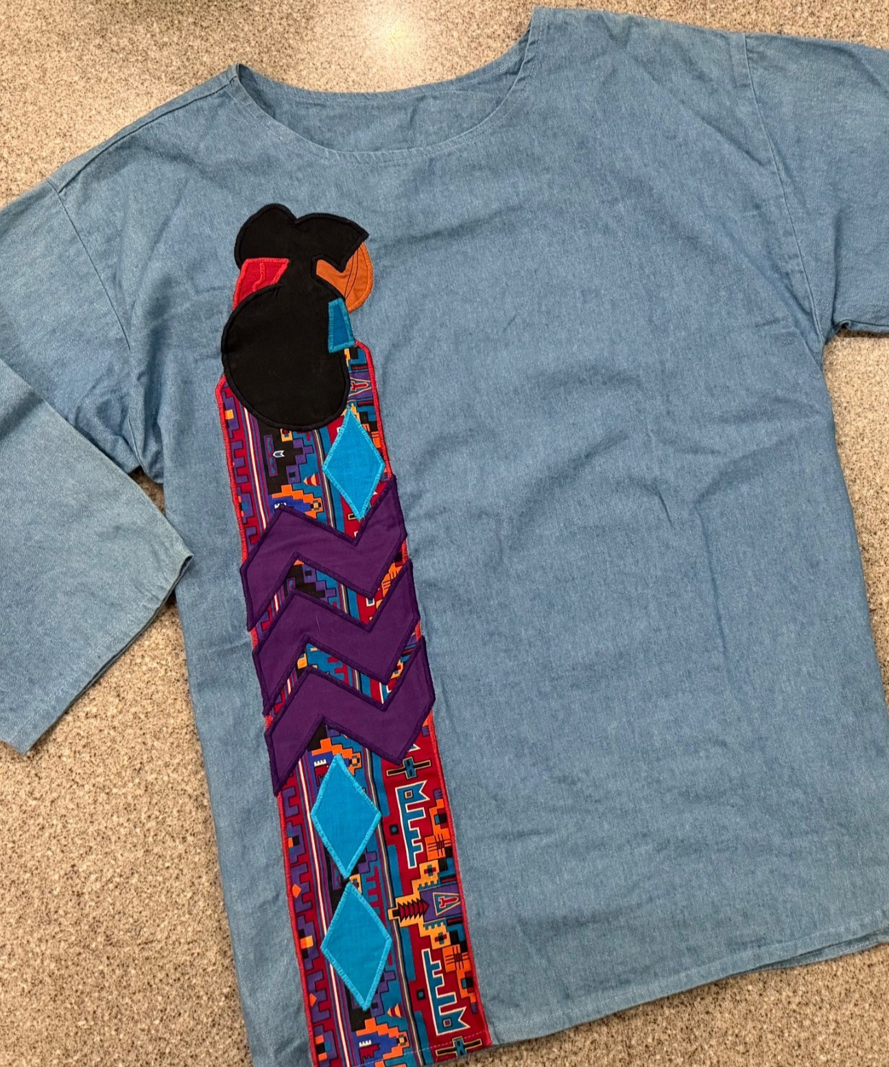 ALFREDO’S WIFE Vtg Chambray Native Tribal Southwest Applique Long Sleeve Top XS