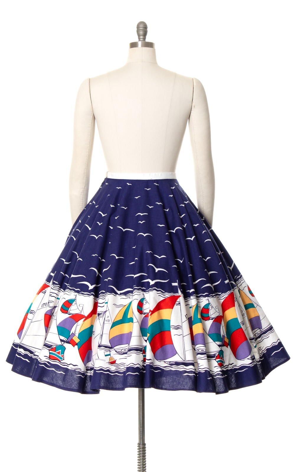 Vintage 1970s does 1950s Sailboat Birds Novelty Border Print Cotton Circle Skirt