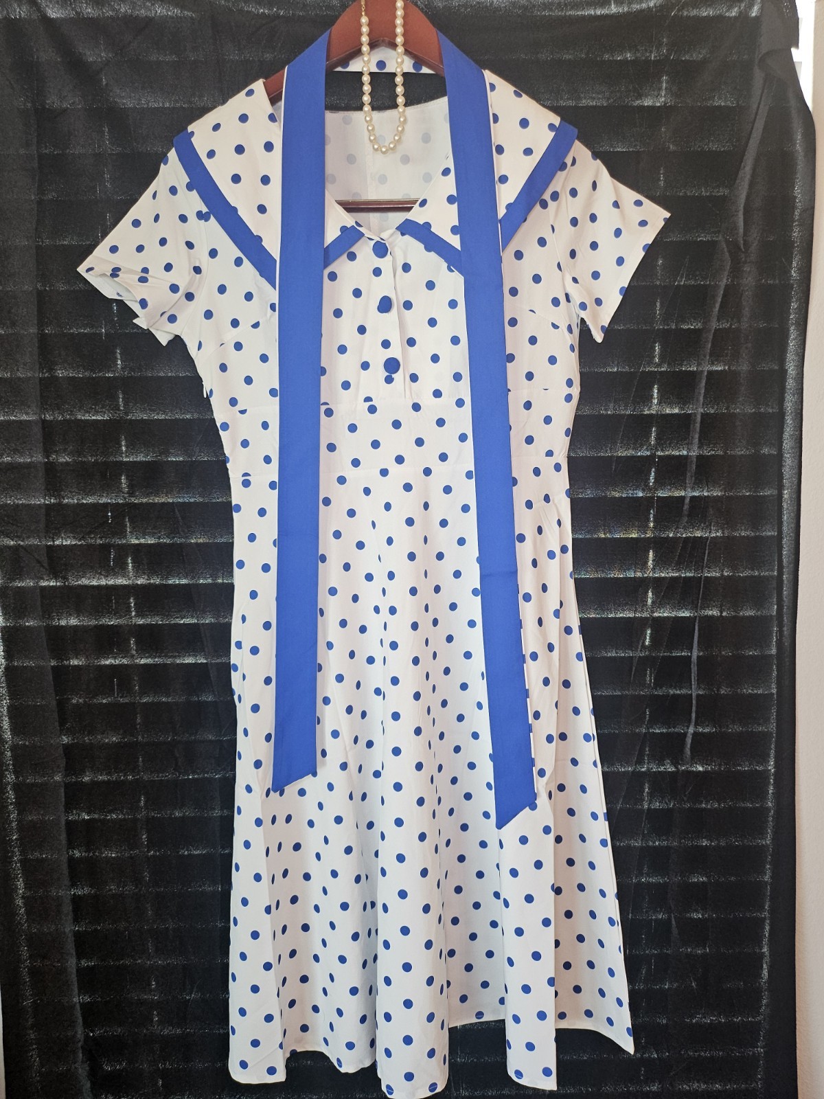 Vintage White Blue Polka Dot Shirt Dress w/ bow hand made. 38 inches at waist