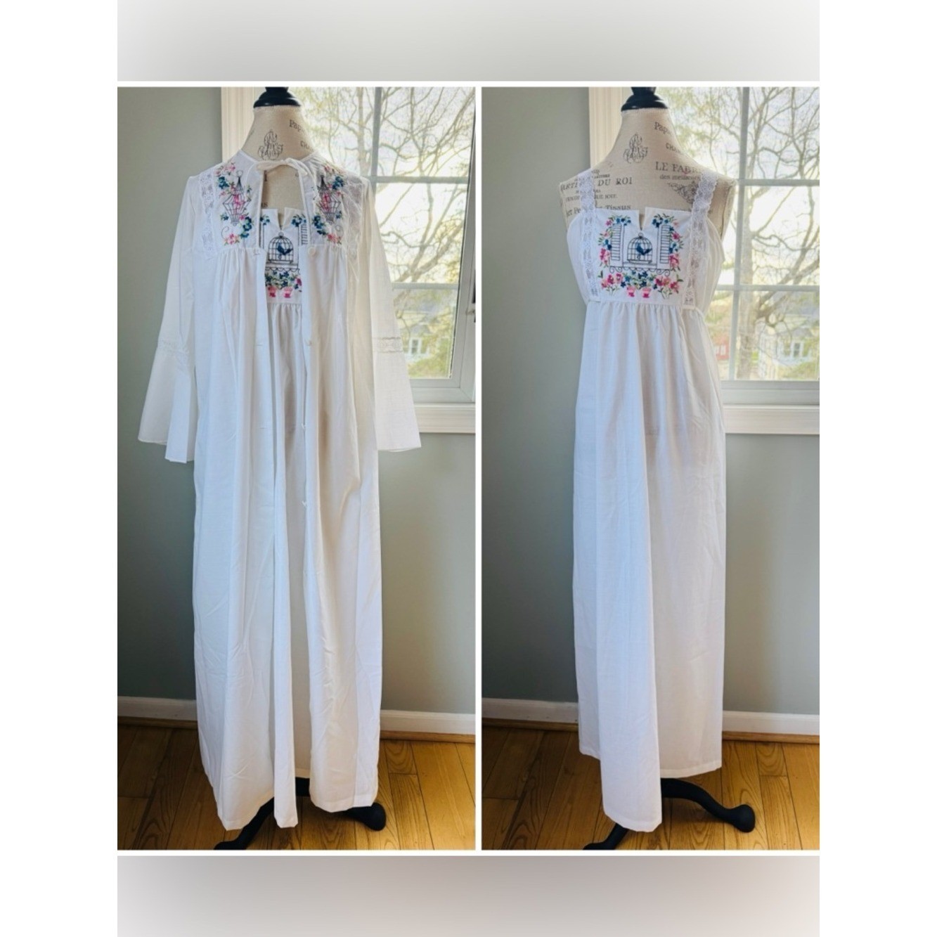 Sears Vintage embroidered bird floral cotton gown and duster set NWOT small