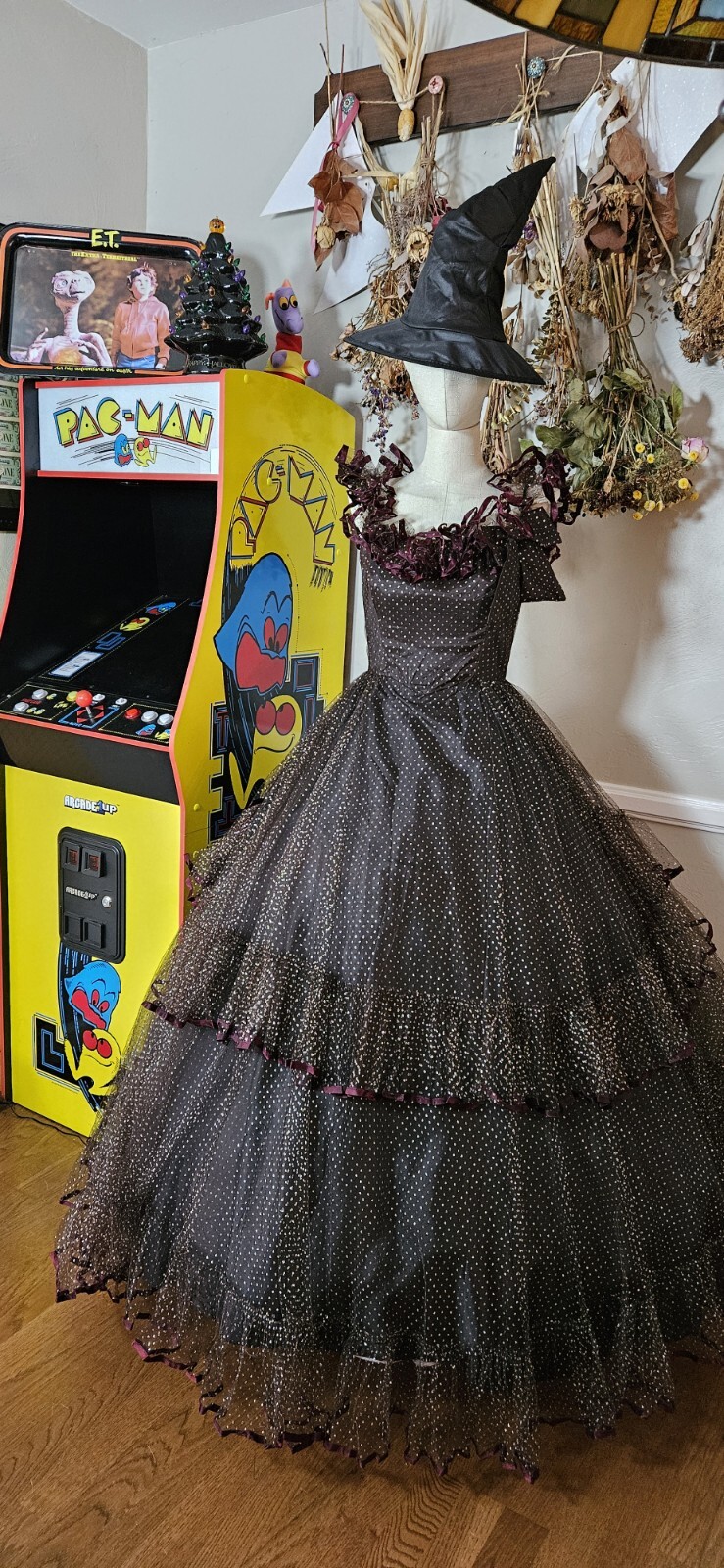 Vintage 1980s Brown And Gold Swiss Dot Ball Gown By Flirtations As Pictured