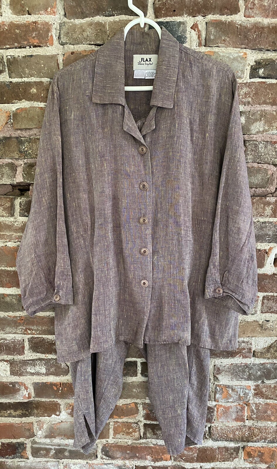 Vintage Flax Jeanne Engelhart 100% Linen Button Top Cropped Pants L M Purple