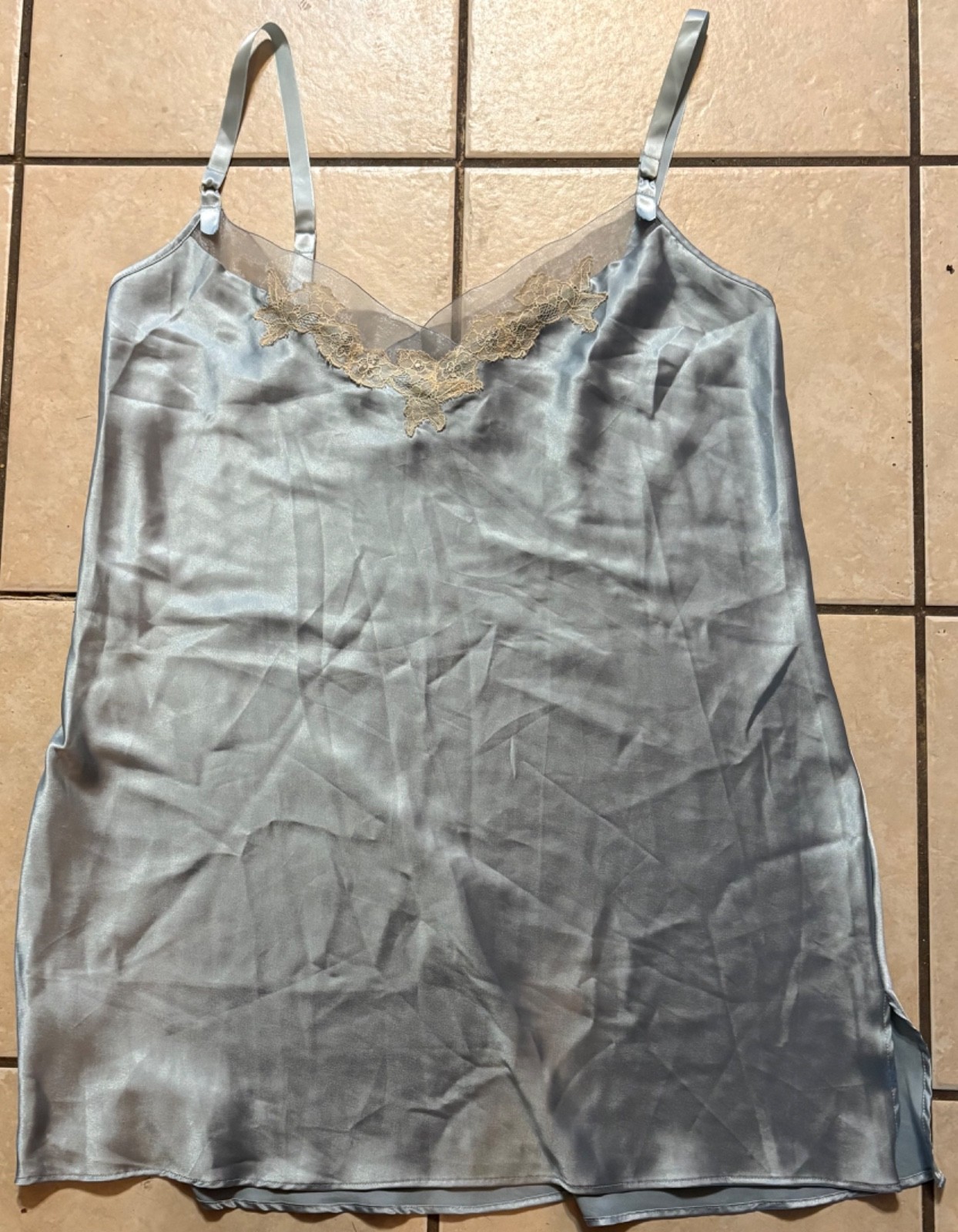 Vintage VICTORIA’S SECRET Ice Blue 100% Nylon BABY DOLL CAMISOLE CAMI Lace L!