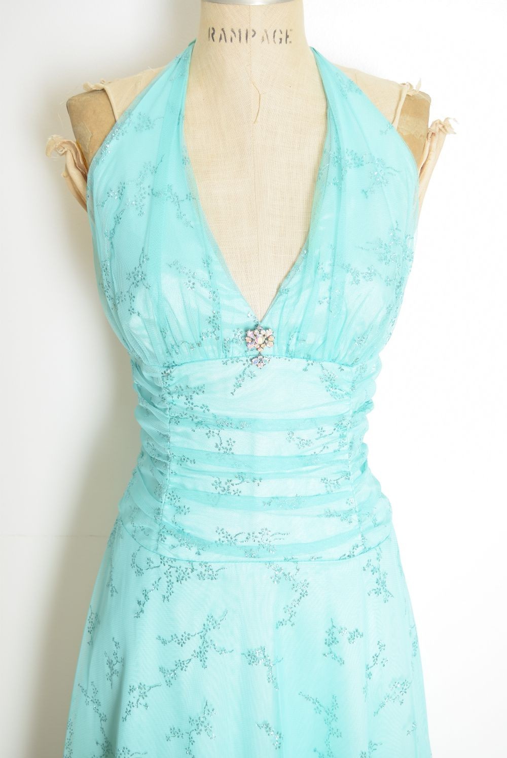vintage Y2K prom dress Blondie Nites fairy aqua mesh glitter print party gown M
