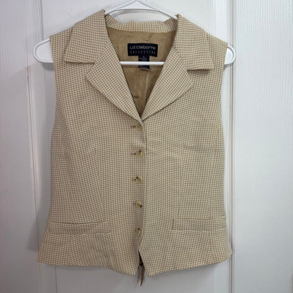 Vintage Liz Claiborne Collections beige gingham plaid collar button formal vest
