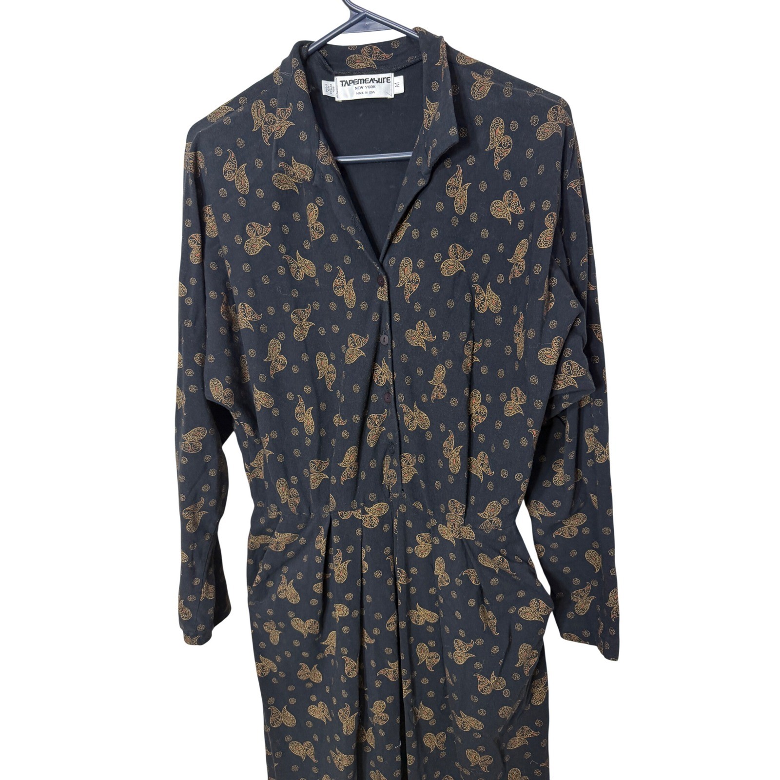 Vintage Tapemeasure NY Black Gold Paisley Stirrup Jumpsuit M USA