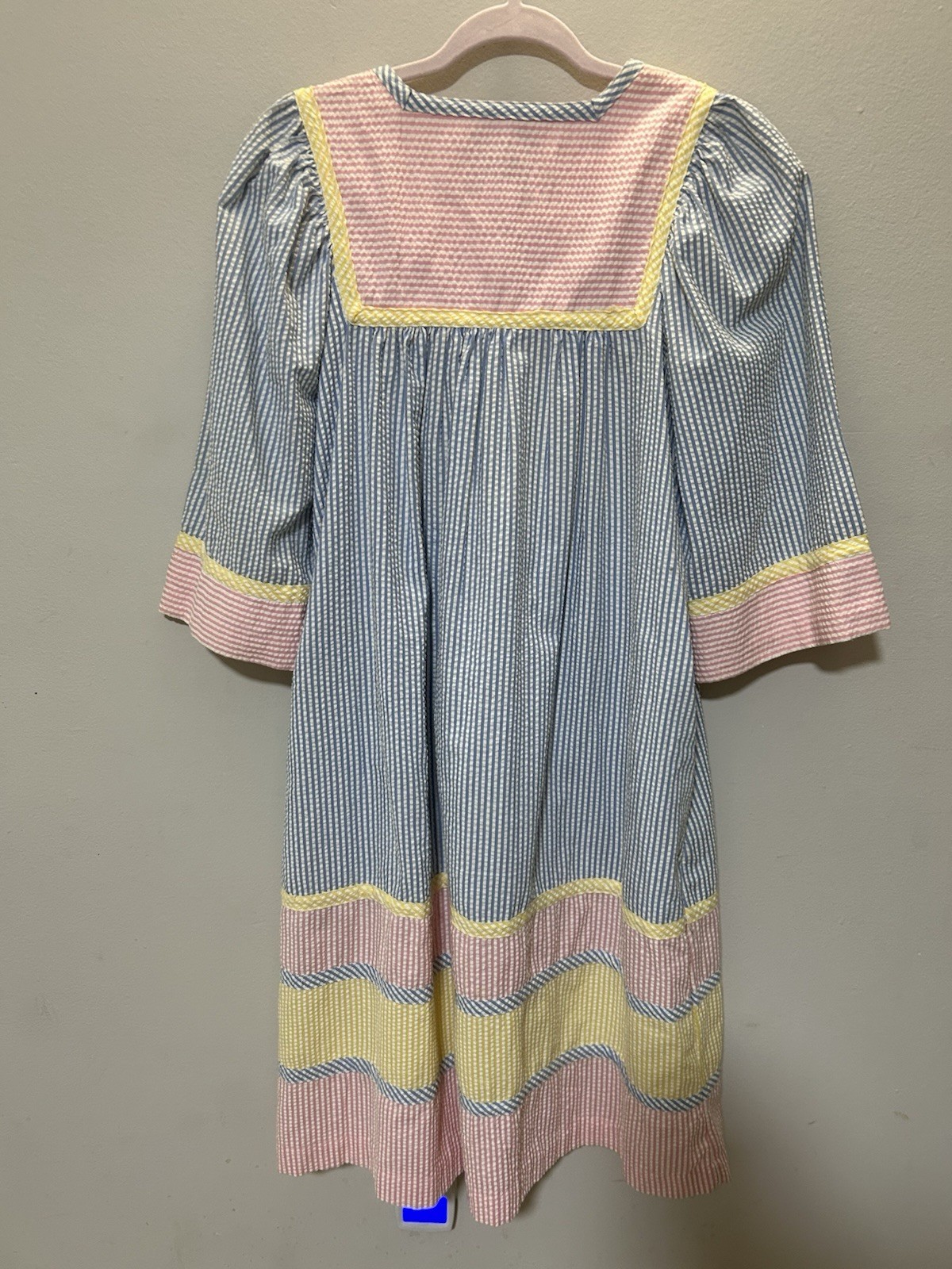 Vintage 80s Saybury Seersucker Pastel Colorblock House Dress Petite Fits S/M