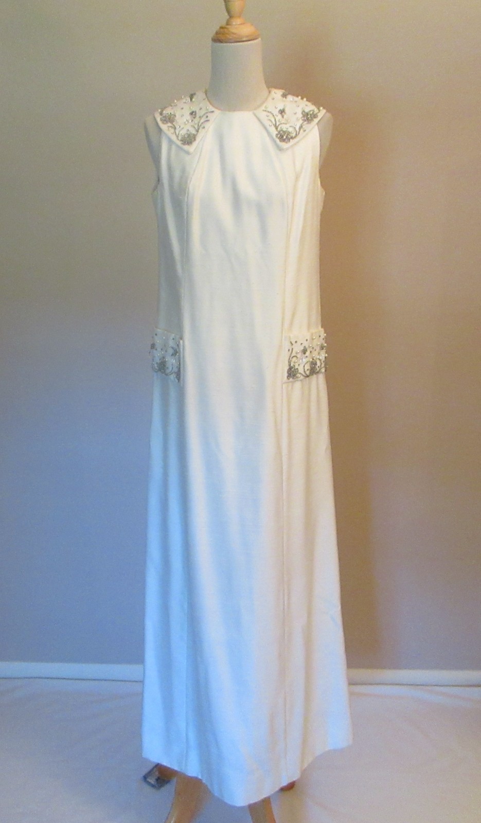 Vintage 1960s White Beaded Rhinestones Silk Gown Dress