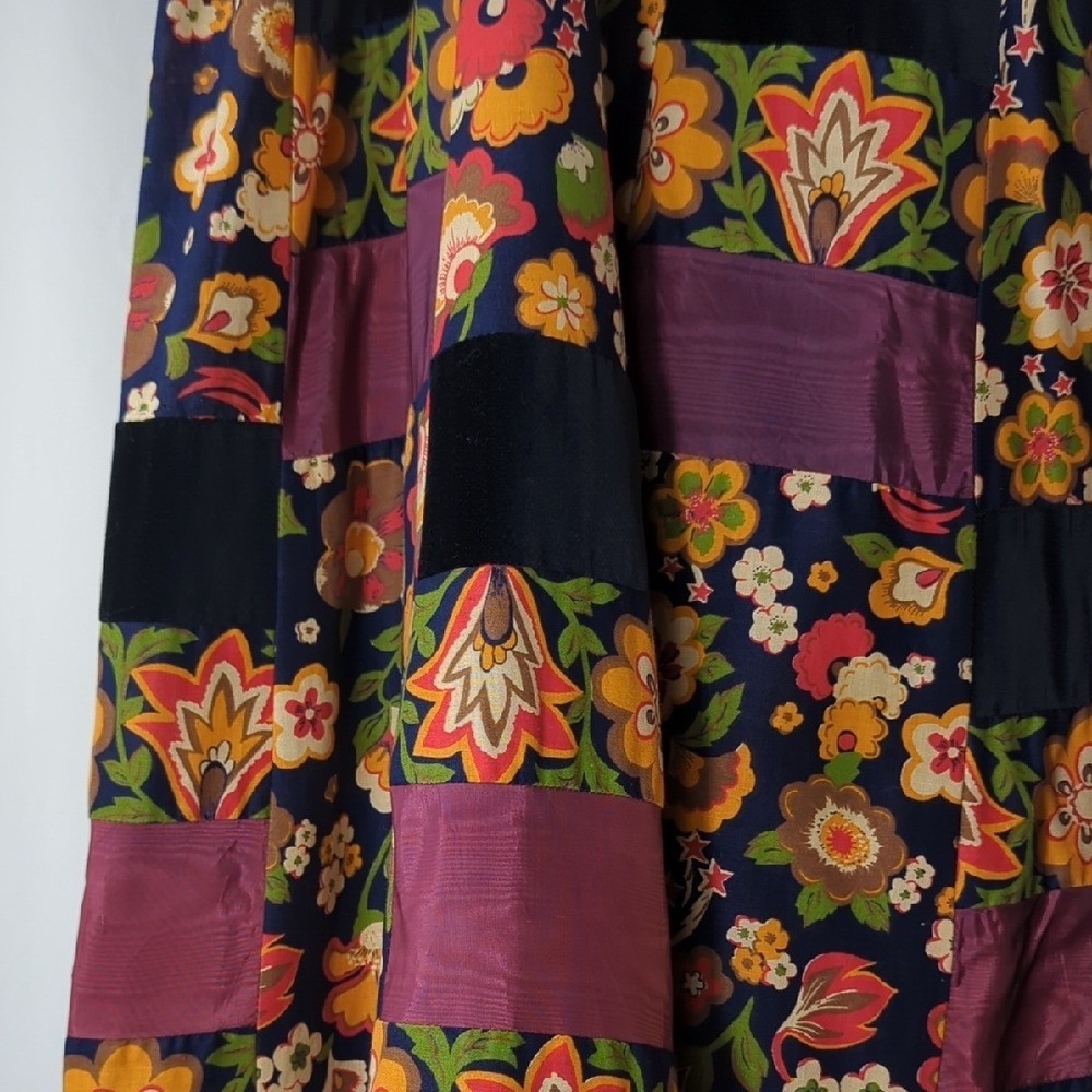 Vintage 70s Velvet Patchwork Wrap Maxi Skirt Bohemian Hippie Florals Festival