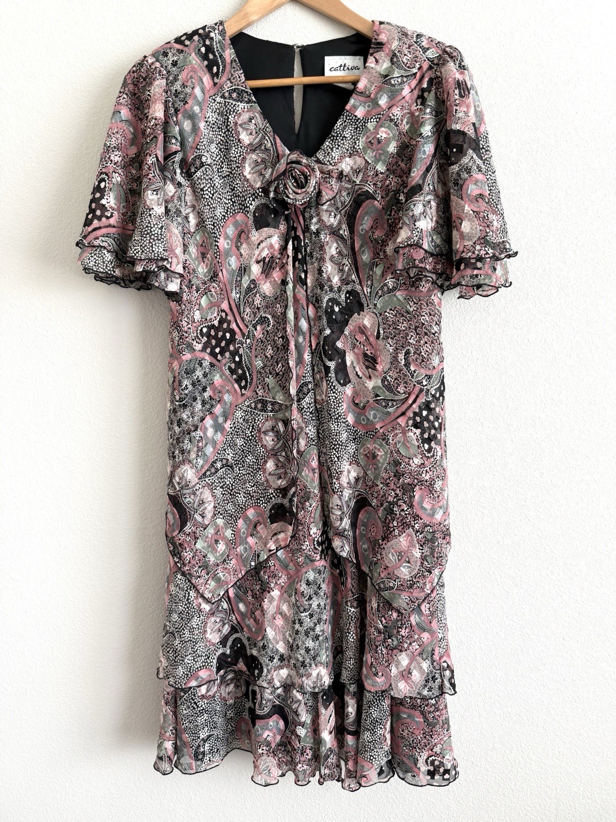 Vintage 90s Sheer Chiffon Paisley Ruffle Dress Womens Large Fairy Whimsigoth
