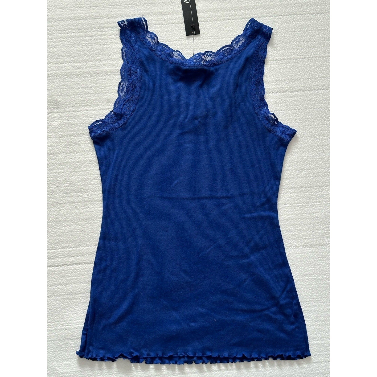 NWT Apt. 9 Y2K Lace Trim Babydoll Top Womens M Dark Blue Stretch Lettuce Hem