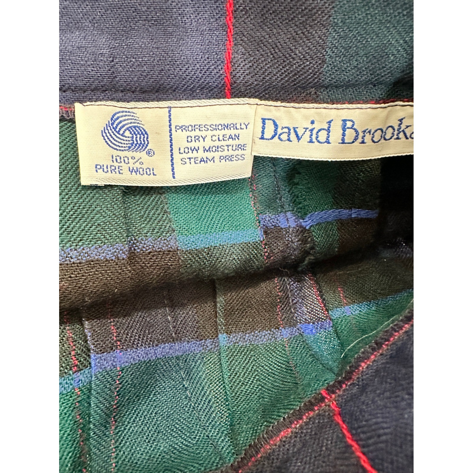 David Brooks Vintage 100% Wool Plaid Pleated Midi Skirt Green Blue Tartan 8P USA