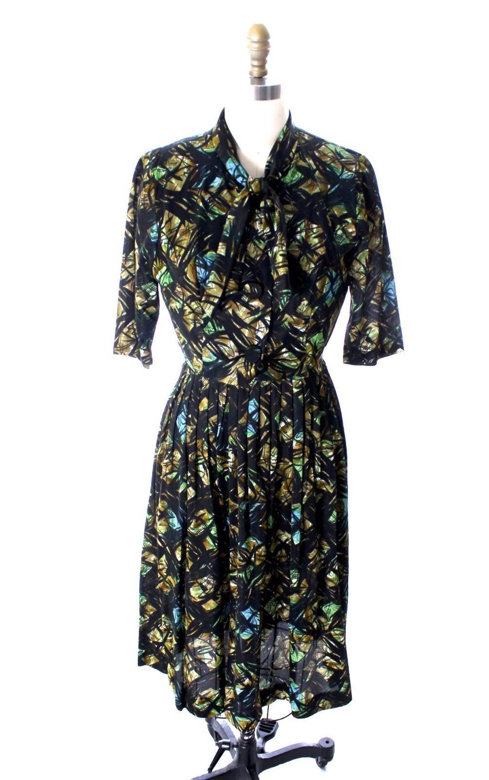Authentic VTG 60s Arnel 2PC Dress Suit NWT Green Black Print Belted Sz 14 M/L