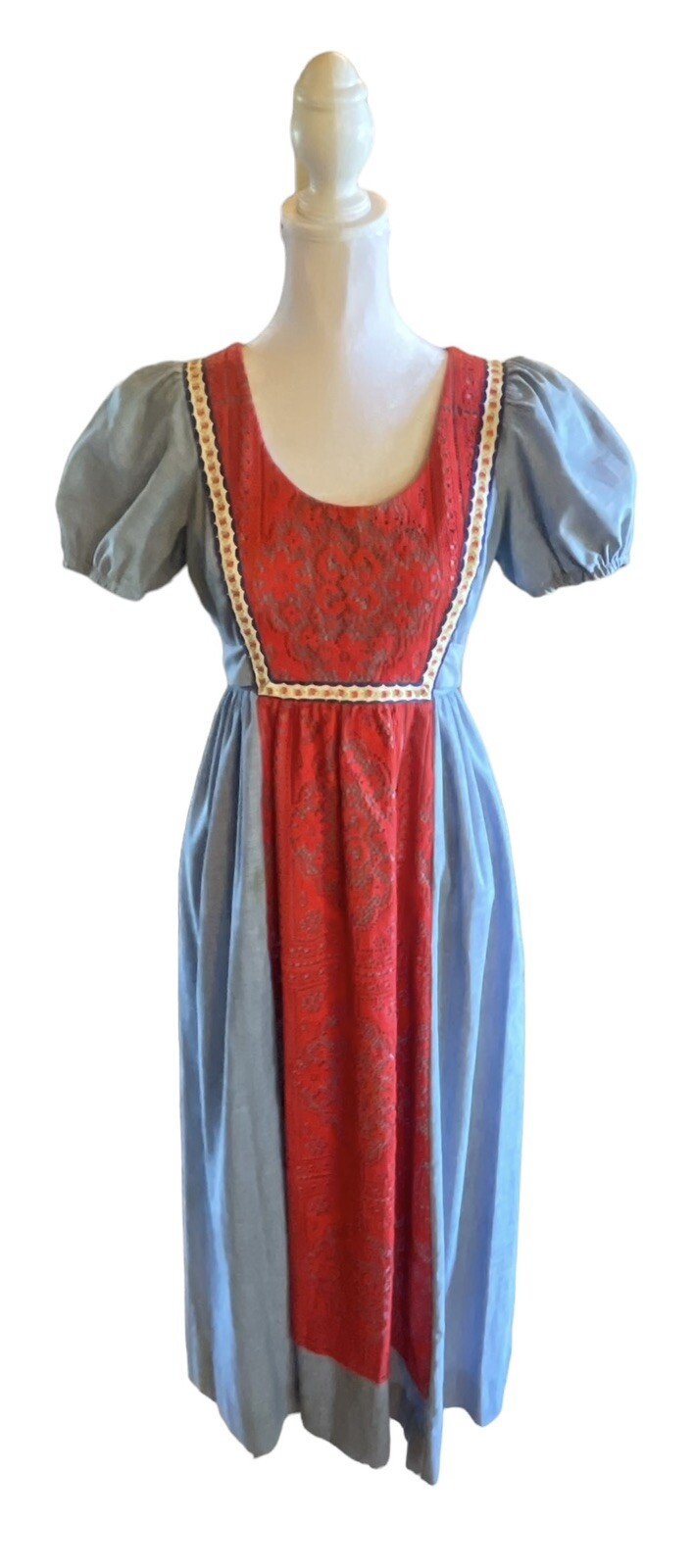 VINTAGE Joy Stevens CA boho maxi dress Blue Red Pinafore Lace Crochet Puff 3/4