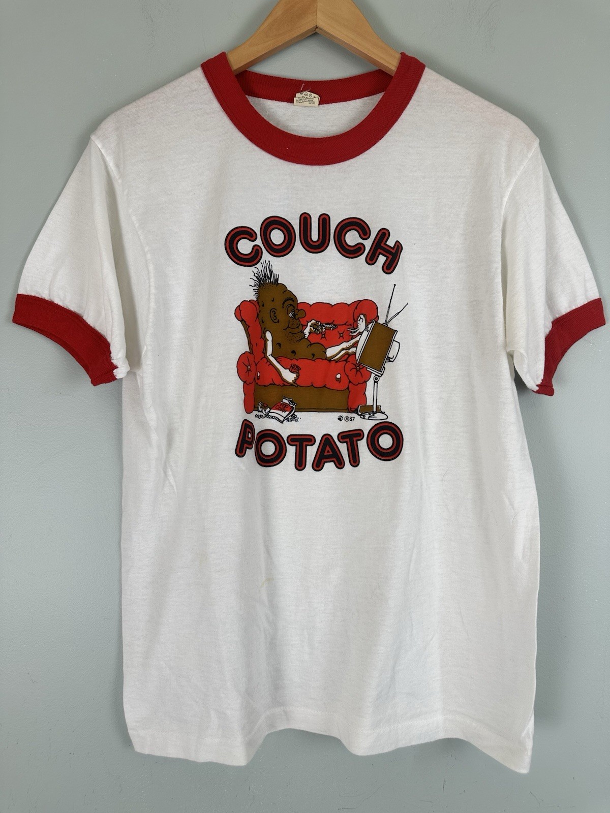 Vintage 1987 Couch Potato T Shirt Screen Stars Single Stitch Ringer L USA