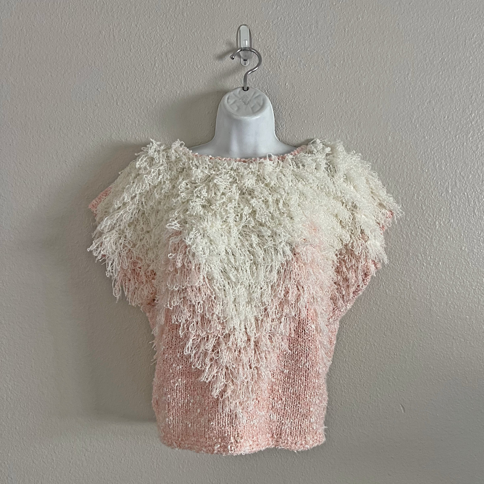 80s Hand Crochet Shag Fringe Short Sleeve Knit Top Baby Pink Vintage Size L