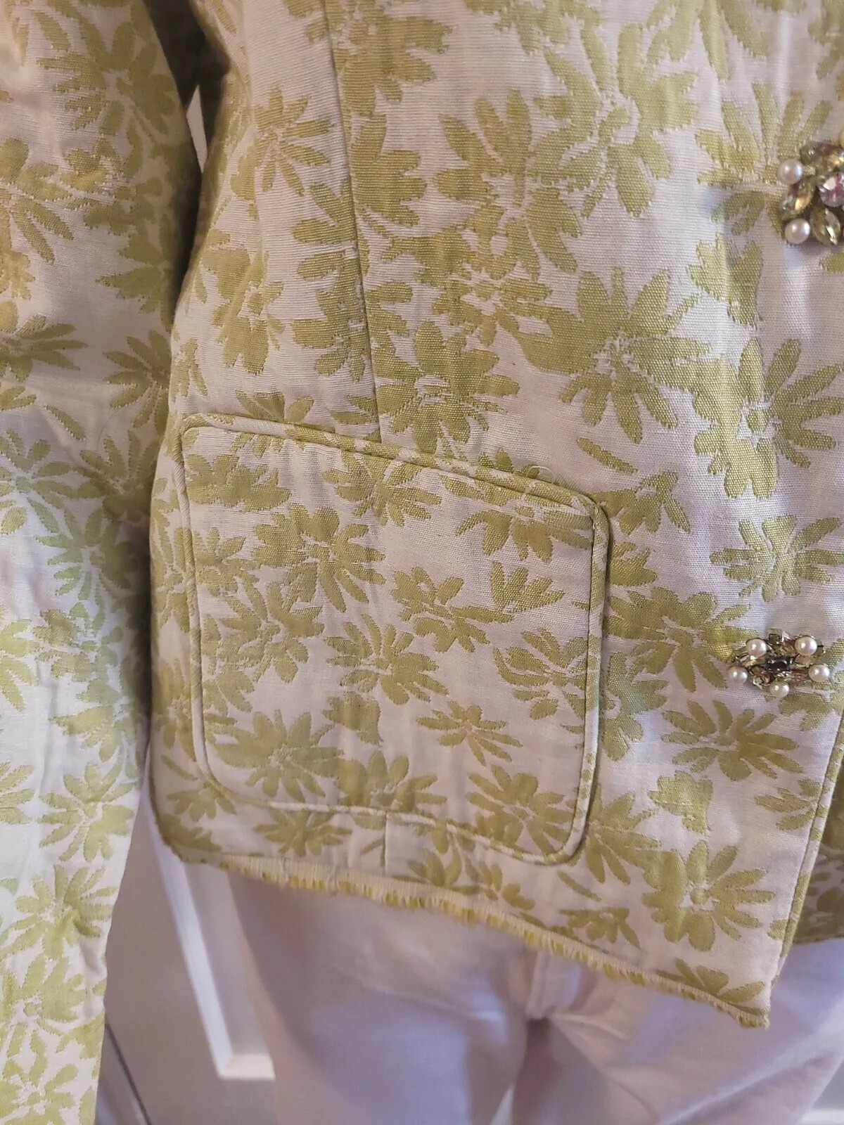 Vintage 1990s Evening/Cocktail Jacket GREEN/IVORY SZ M Floral Print Jaquard NWOT