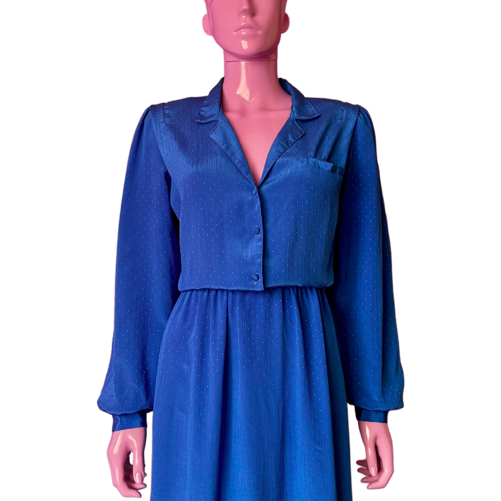 Vintage 80s L Secretary Dress: Cobalt Blue Satin Midi Vneck Blouson with Elastic