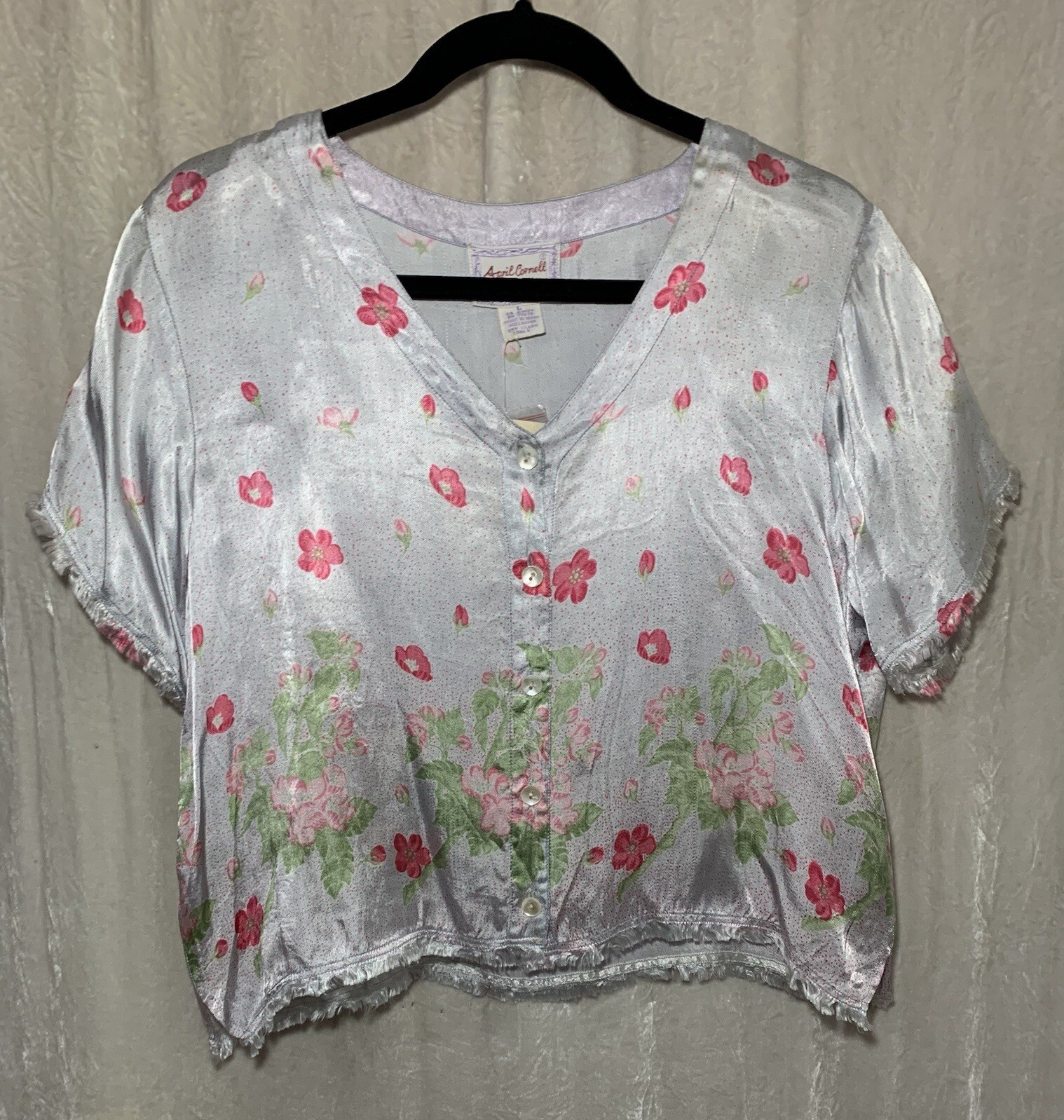 April Cornell Top And Skirt Set Blue And Pink Satin Flowers Size L NWT