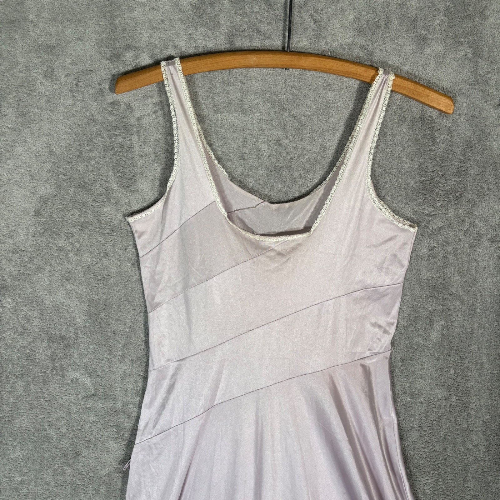 Vintage Lavender Satin Maxi Slip Dress Lace Trim Purple Ethereal Dainty Size S