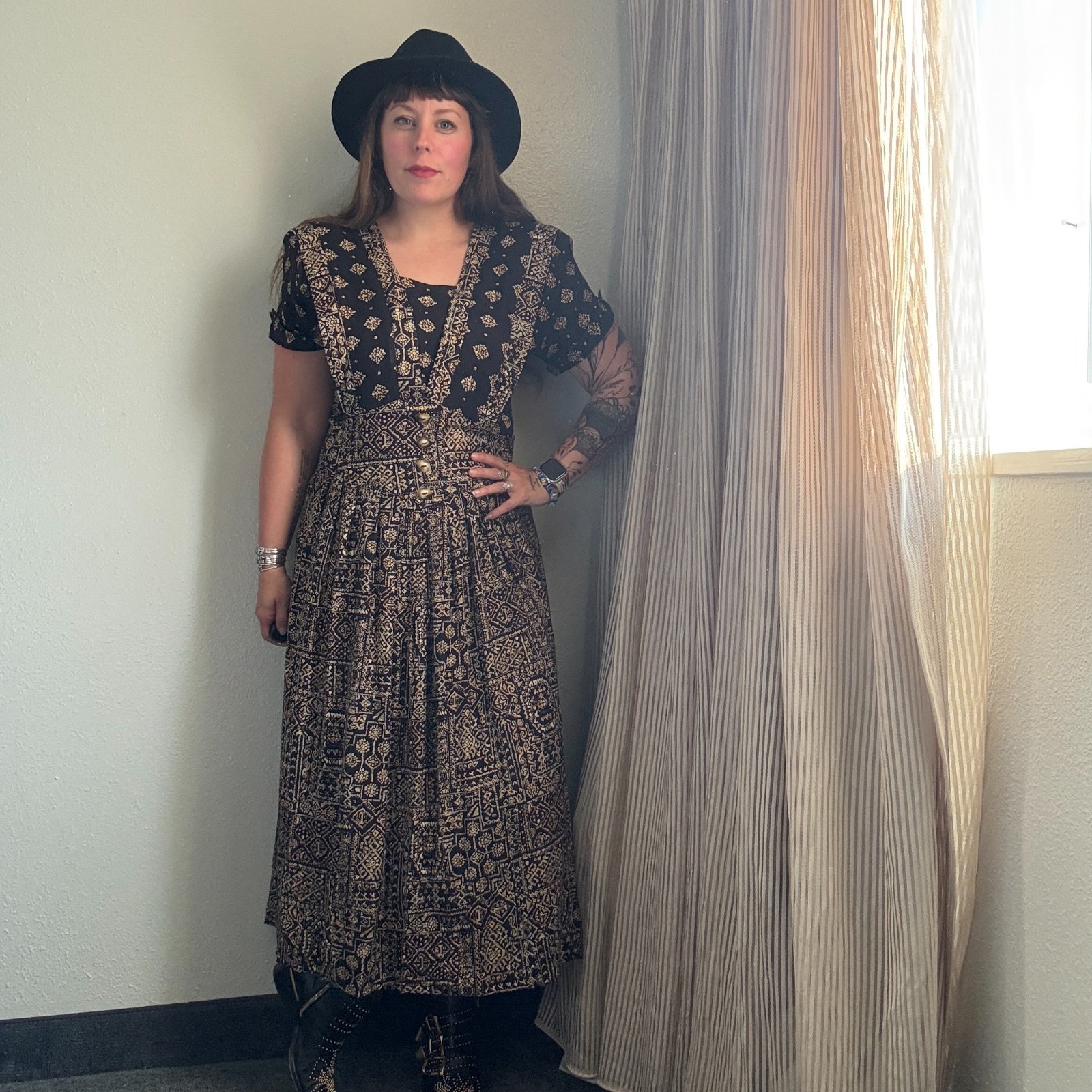 Vintage Boho Dress 80s Nina Piccalino Brown Black Dark Printed Bohemian Medium
