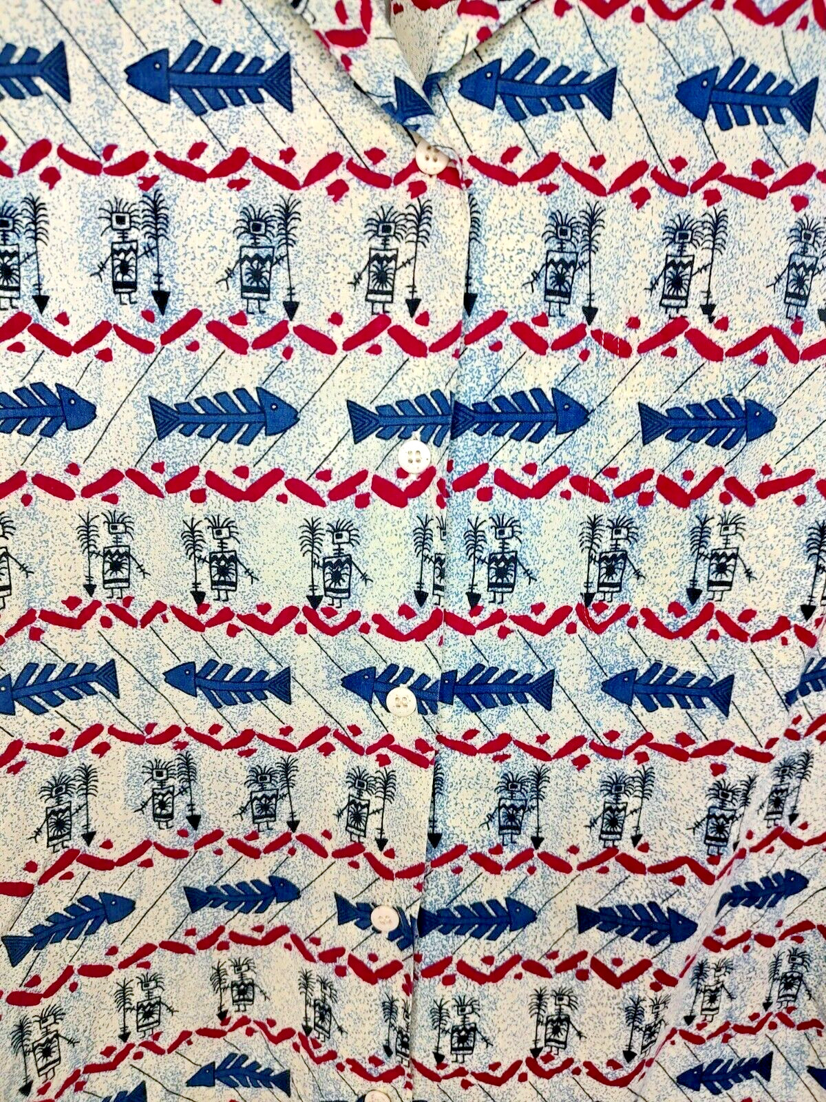 Vintage 90’s French Navy Top Fish Tribal Island Womens Sz Lg Button Front Boho