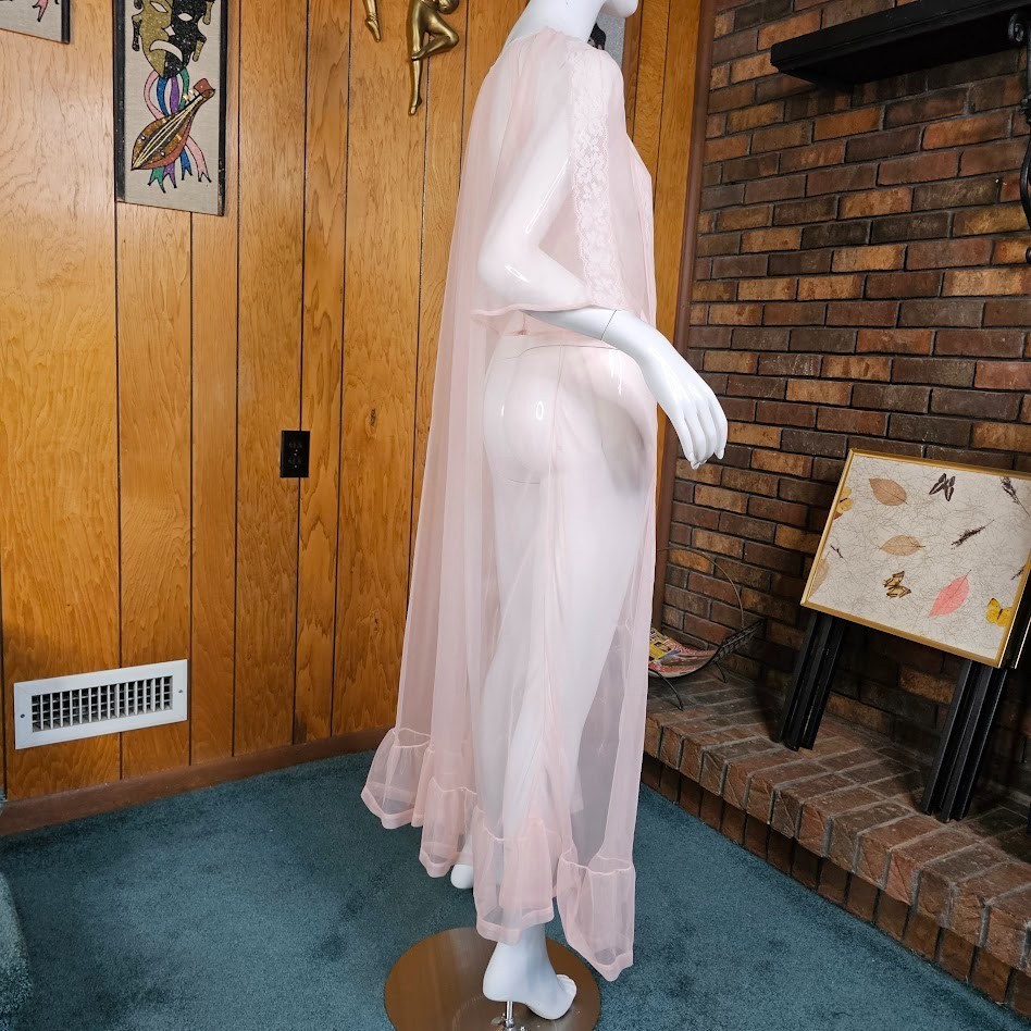 Vtg 50s Juicy Peach Cheesecake Pin-Up Sheer Chiffon Lace Peignoir Maxi Robe OSFM