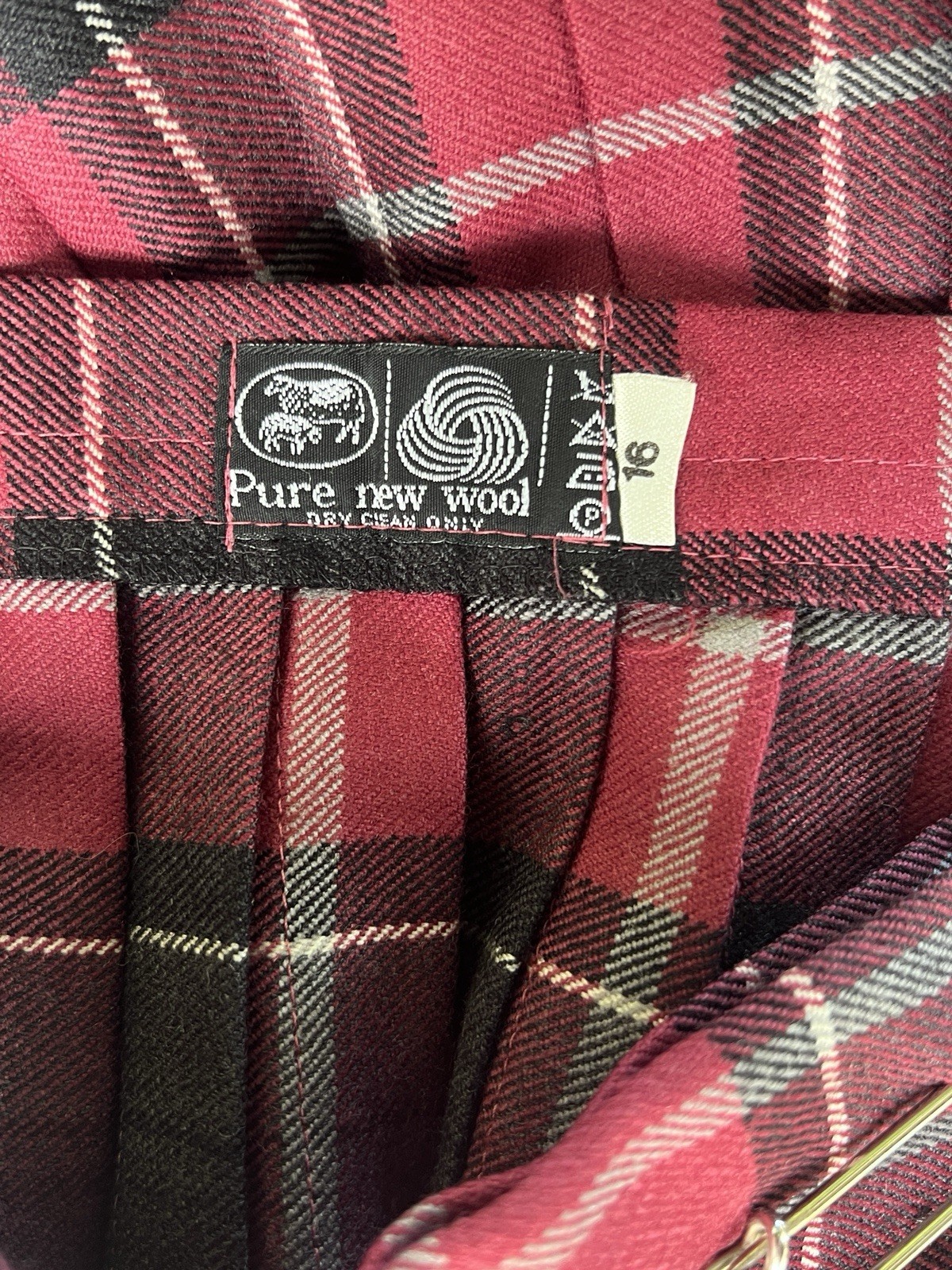 Vintage 80s Wool Kilt Skirt Pleated Buckle Back Wrap Plaid Black Red Gray Tartan