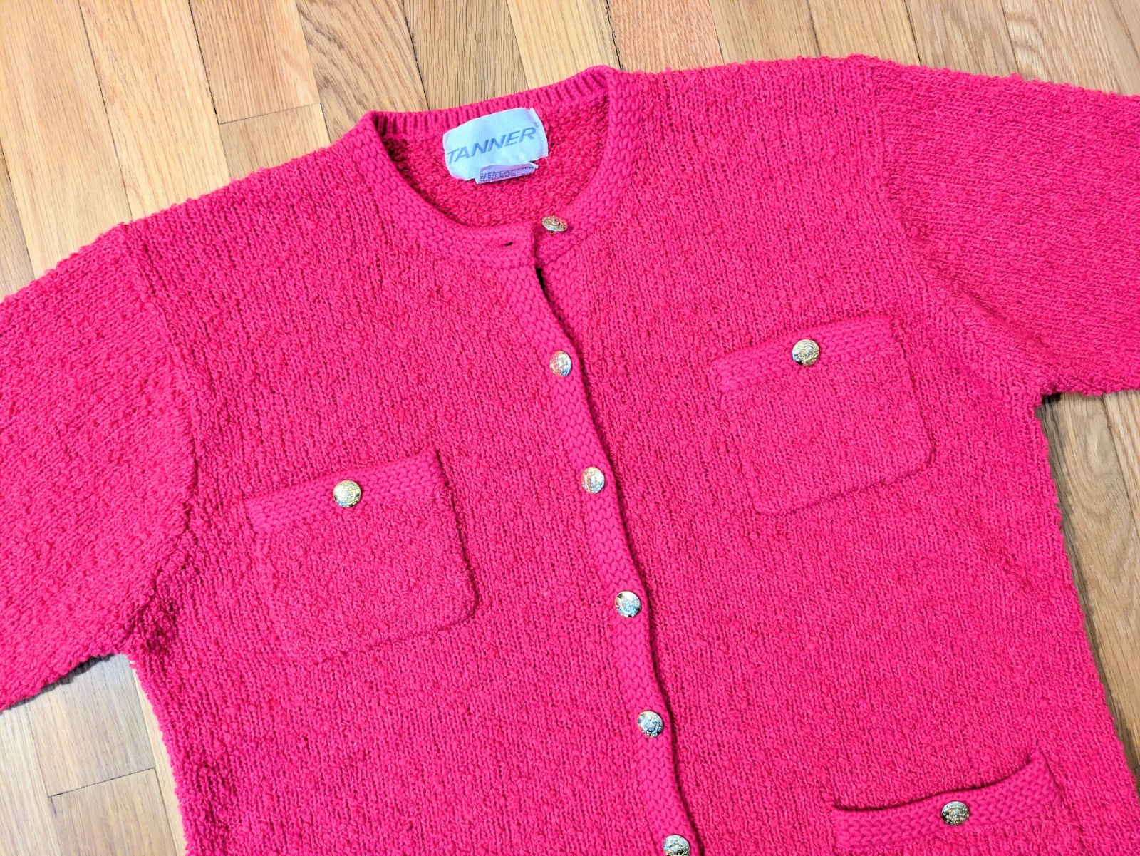 Vintage 80s TANNER Neon Pink/Gold Button Acrylic Cardigan Women’s sz M *EUC!*
