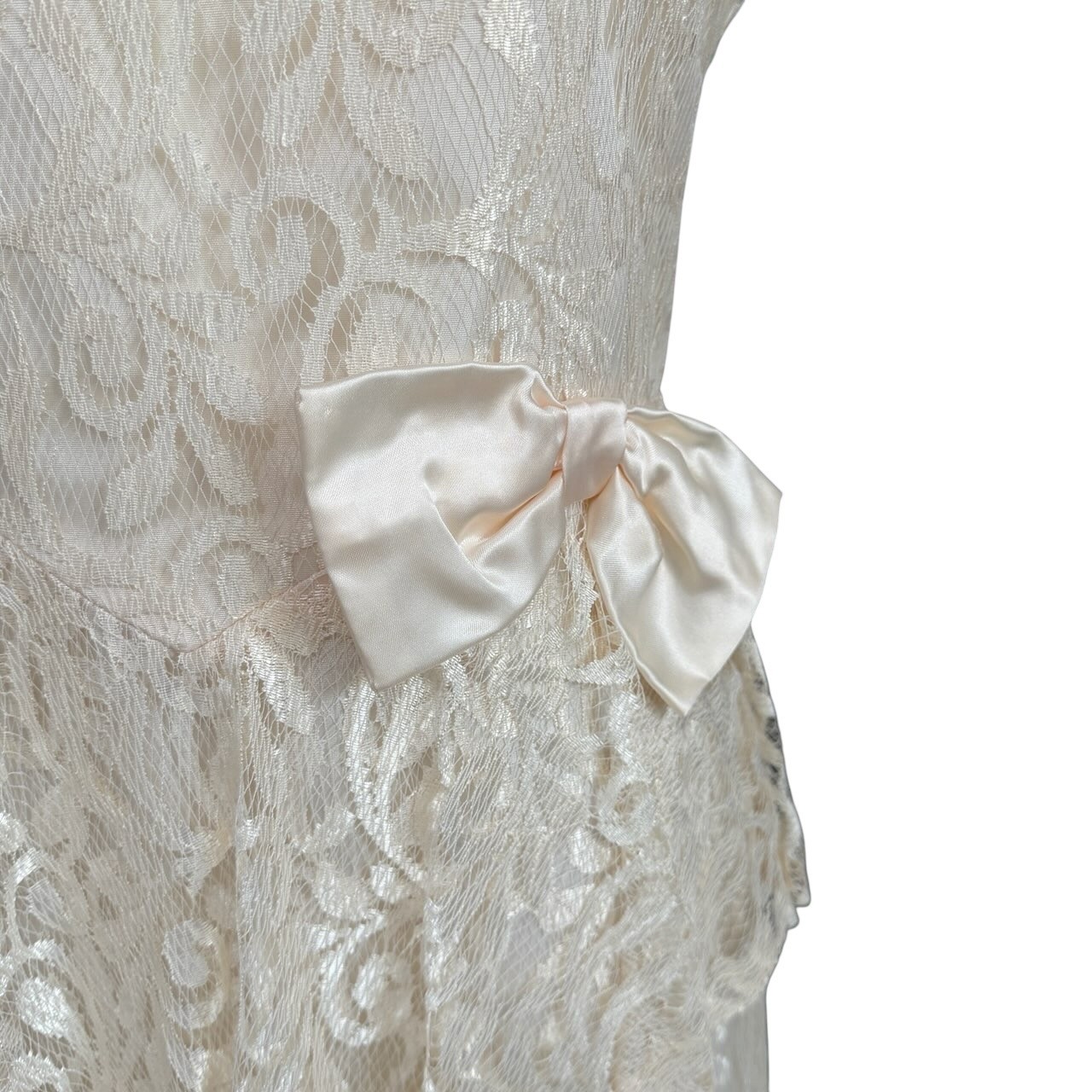 Vintage Zum Zum Lace Peplum Midi Dress Ivory Cream Bow Handkerchief Hem Bridal