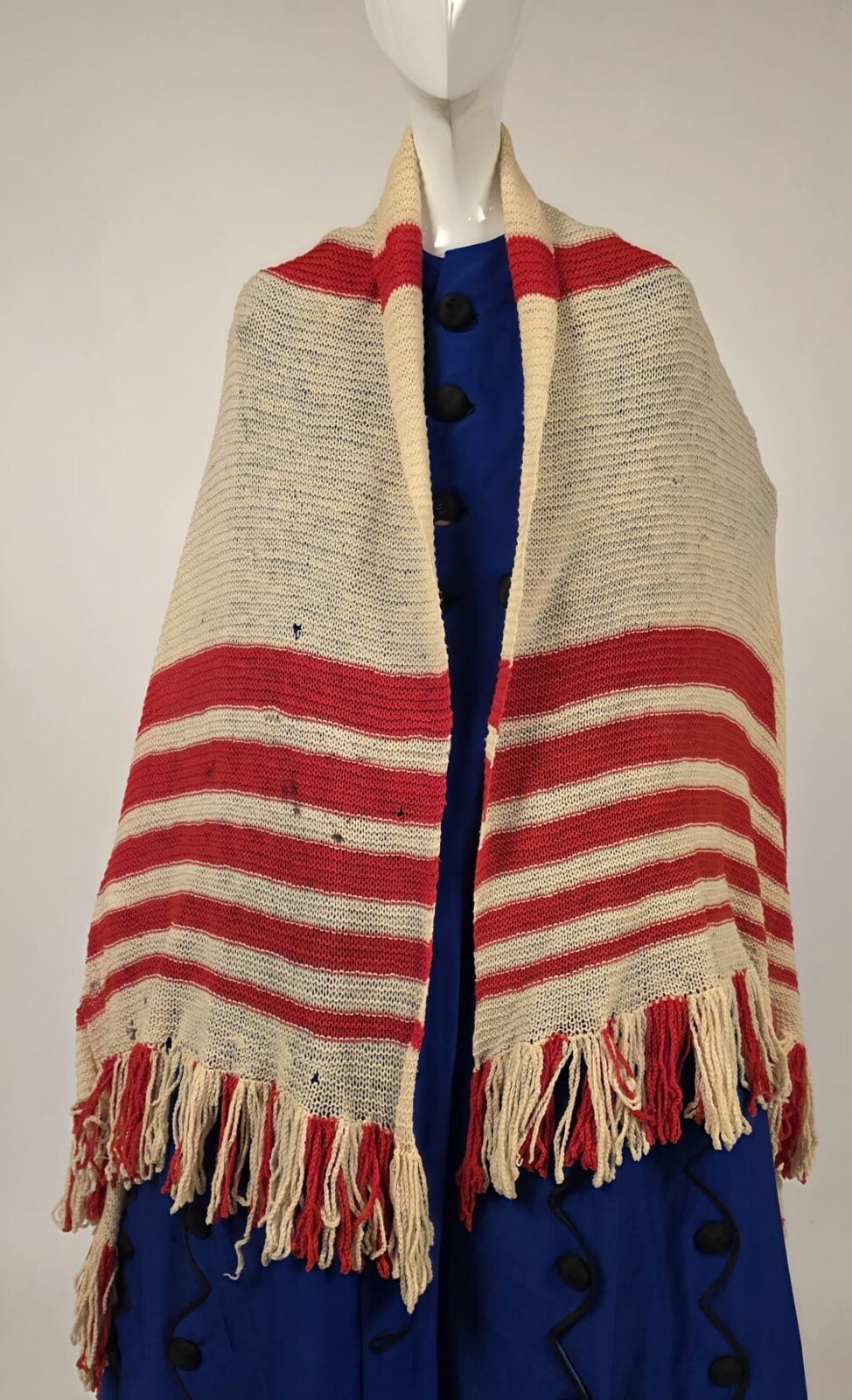 CIVIL WAR 1860’S RED + WHITE HAND KNIT WOOL SHAWL FOR DRESS W FRINGE EDGING