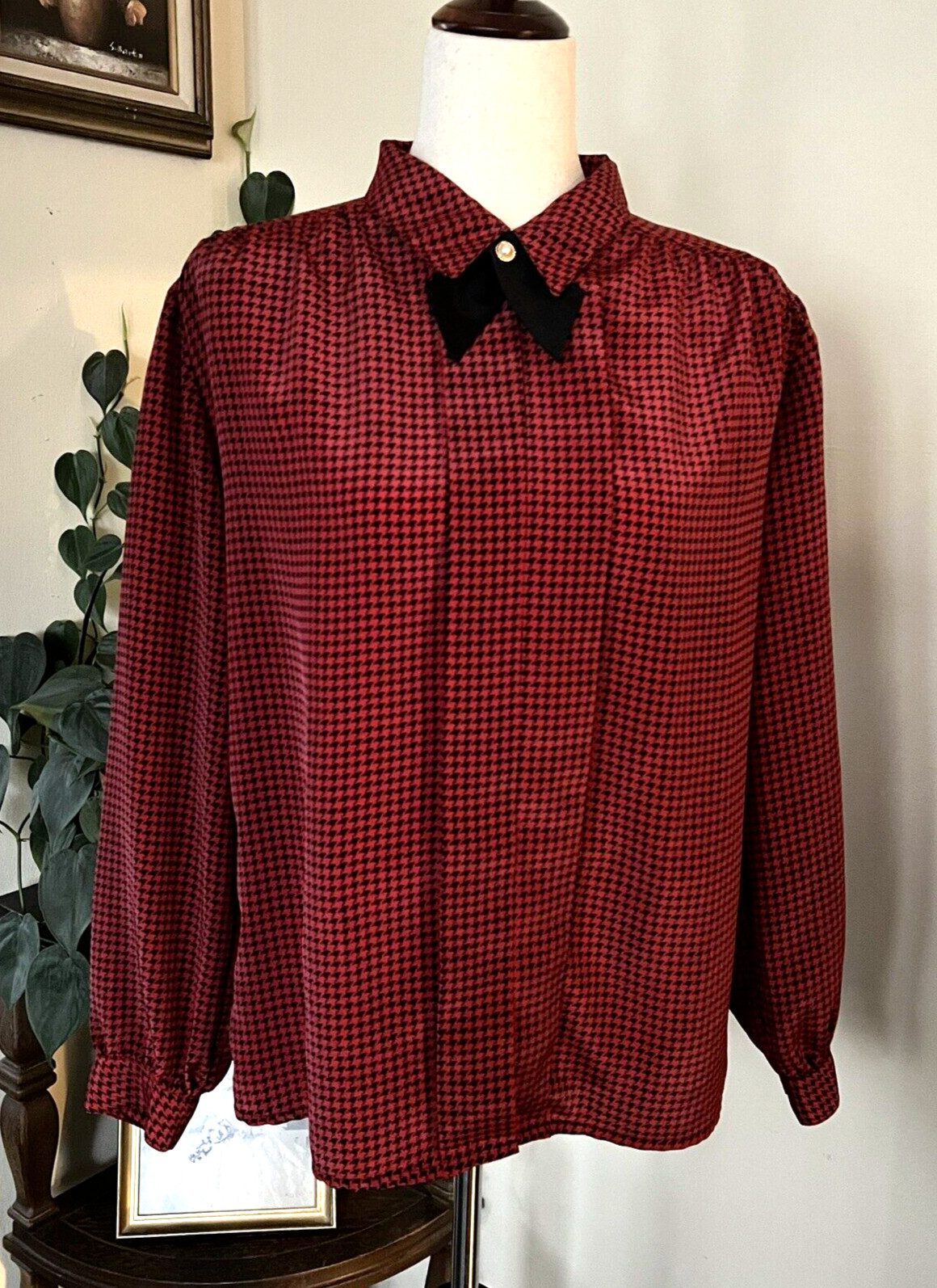 Impressions of California Vintage Red Black Pussy Bow Cravat Blouse sz 14