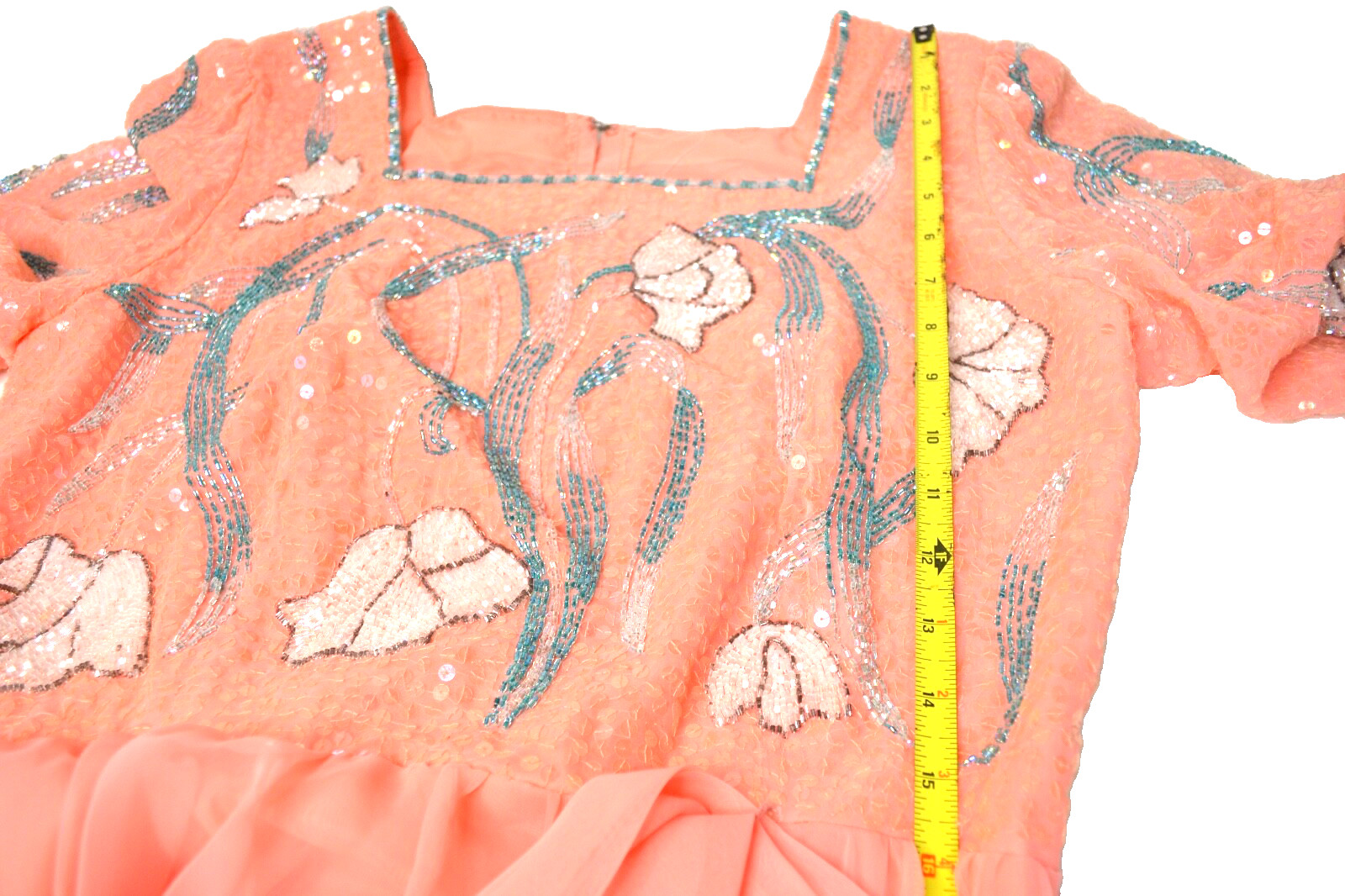 Romantic Vtg Jack Bryan Peach Chiffon Gown Sequins and Beads Long Sleeve Sz 10