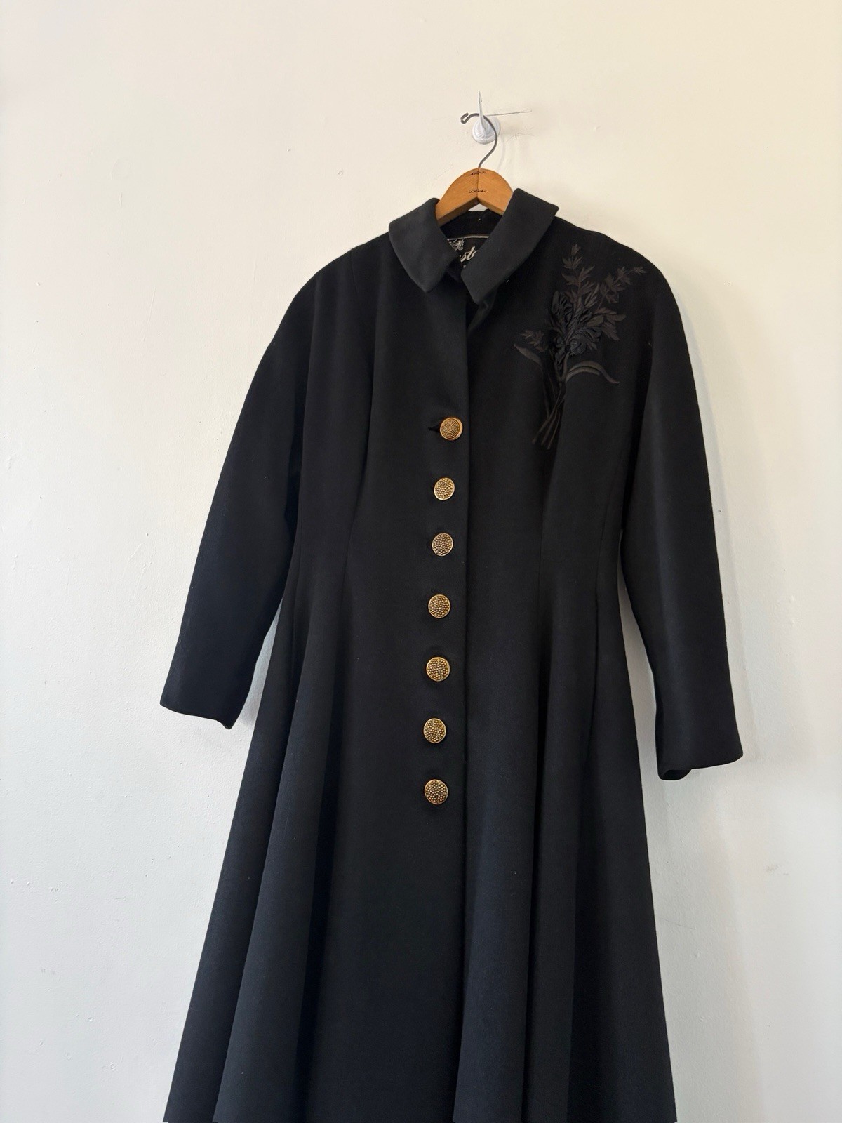 Vintage 1950s Black Wool Swing Coat Dress Princess Line Appliqué Formal New Look