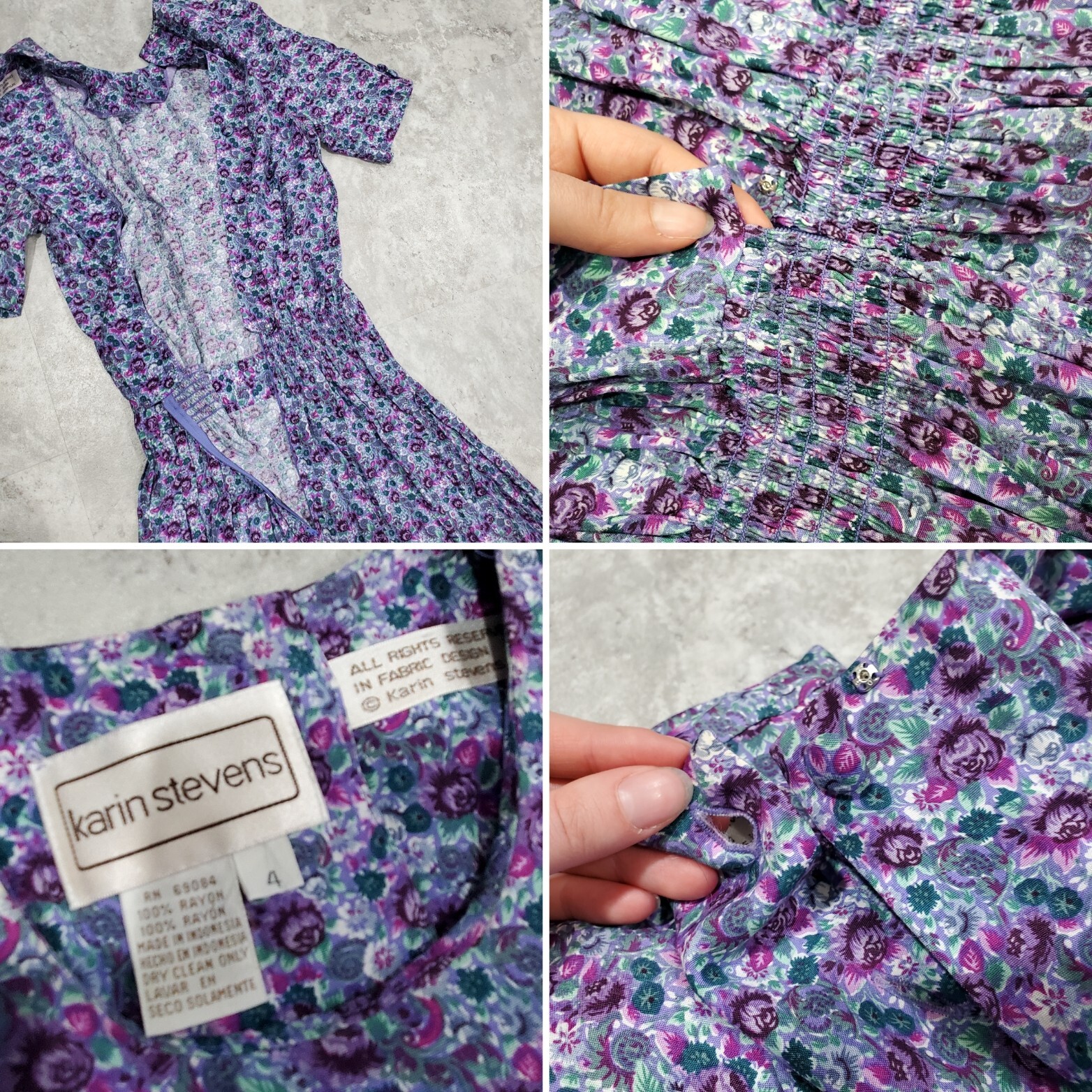 Vintage Karin Stevens Dress Size 4 Midi Floral Smocked Waist Pleated Tea Party