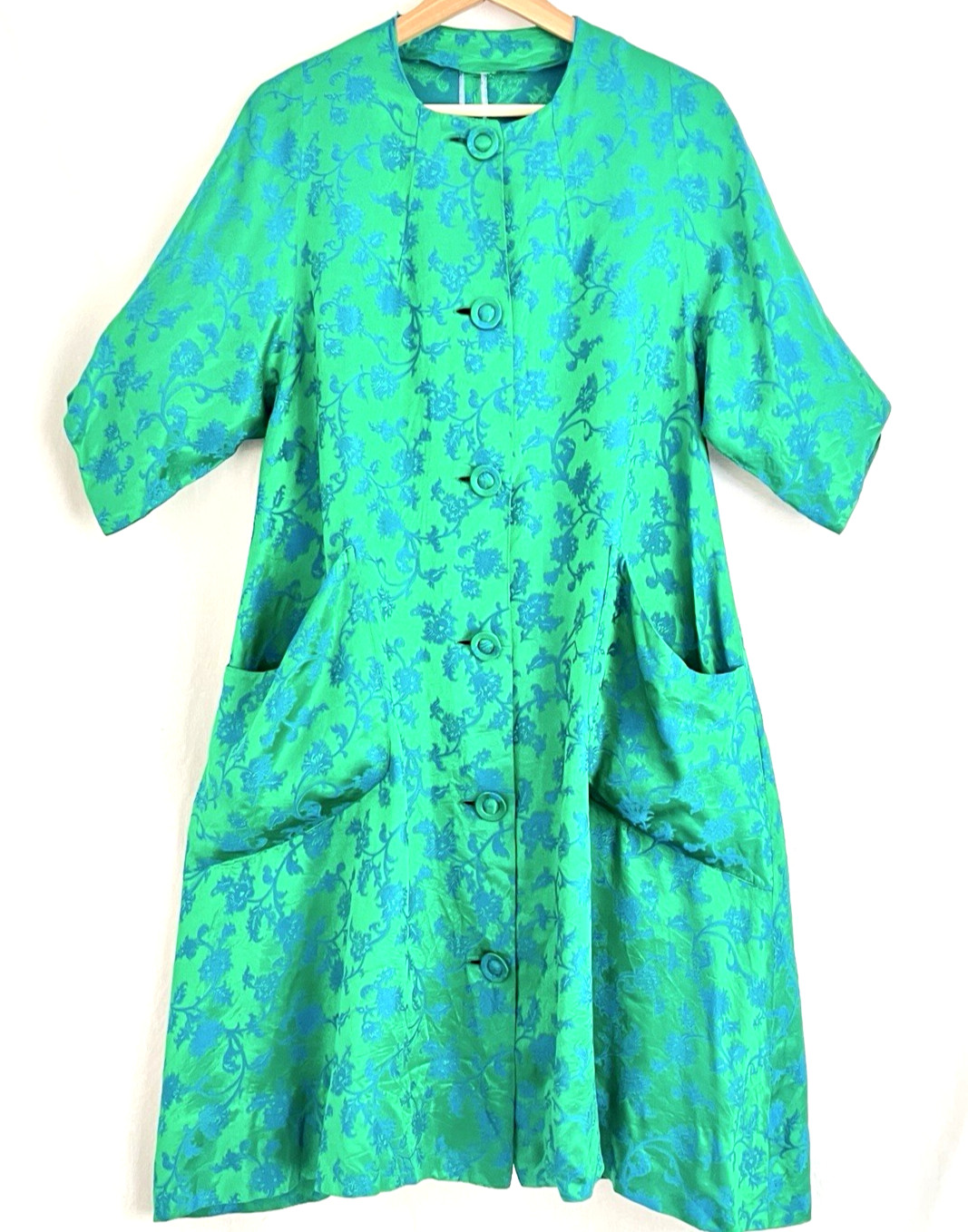 50s Silk Brocade Hostess Opera Coat Emerald Green Blue floral evening jacket MCM