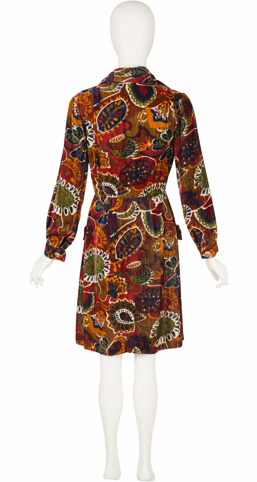Bill Blass Maurice Rentner 1960s Vintage Printed Velvet Pointed Collar Dress XS