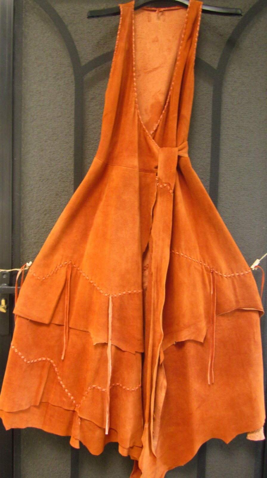 Vtg. Suede Midi Wrap Dress W/Handkerchief Hem & Fringe Golden Sz8-One Of A Kind