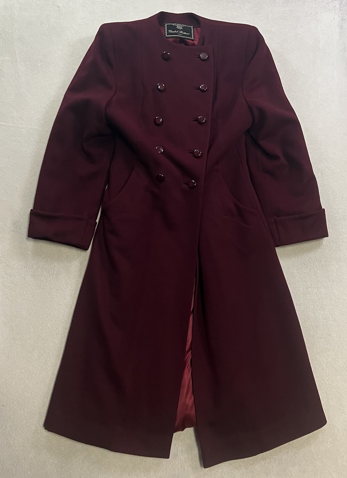 Vintage Gimbel Brothers Wool Trench Coat Long Burgundy Maroon