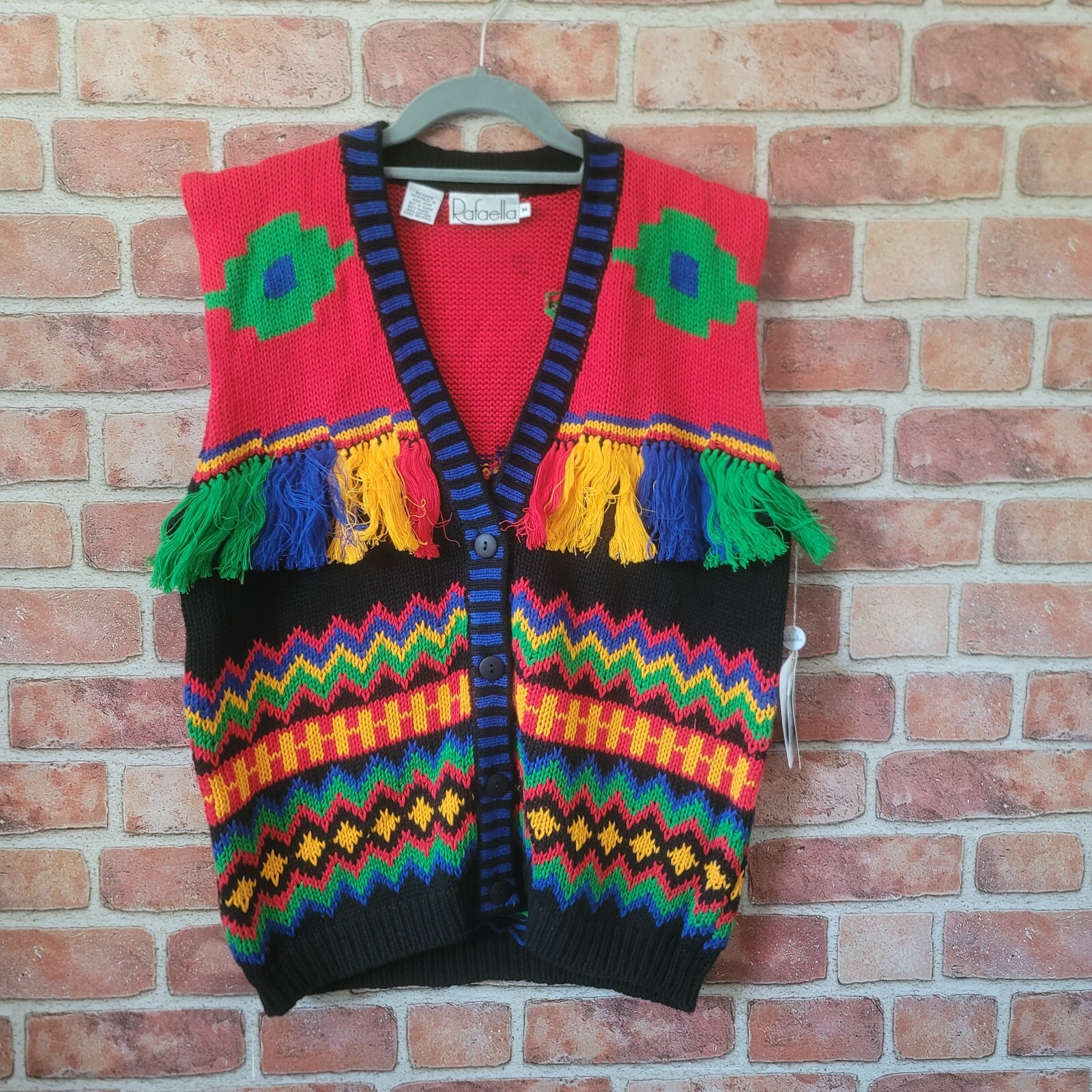 Vintage 80s Hip Hop Rafaella Tassles Colorblock Sweater Vest NWT Sz Med