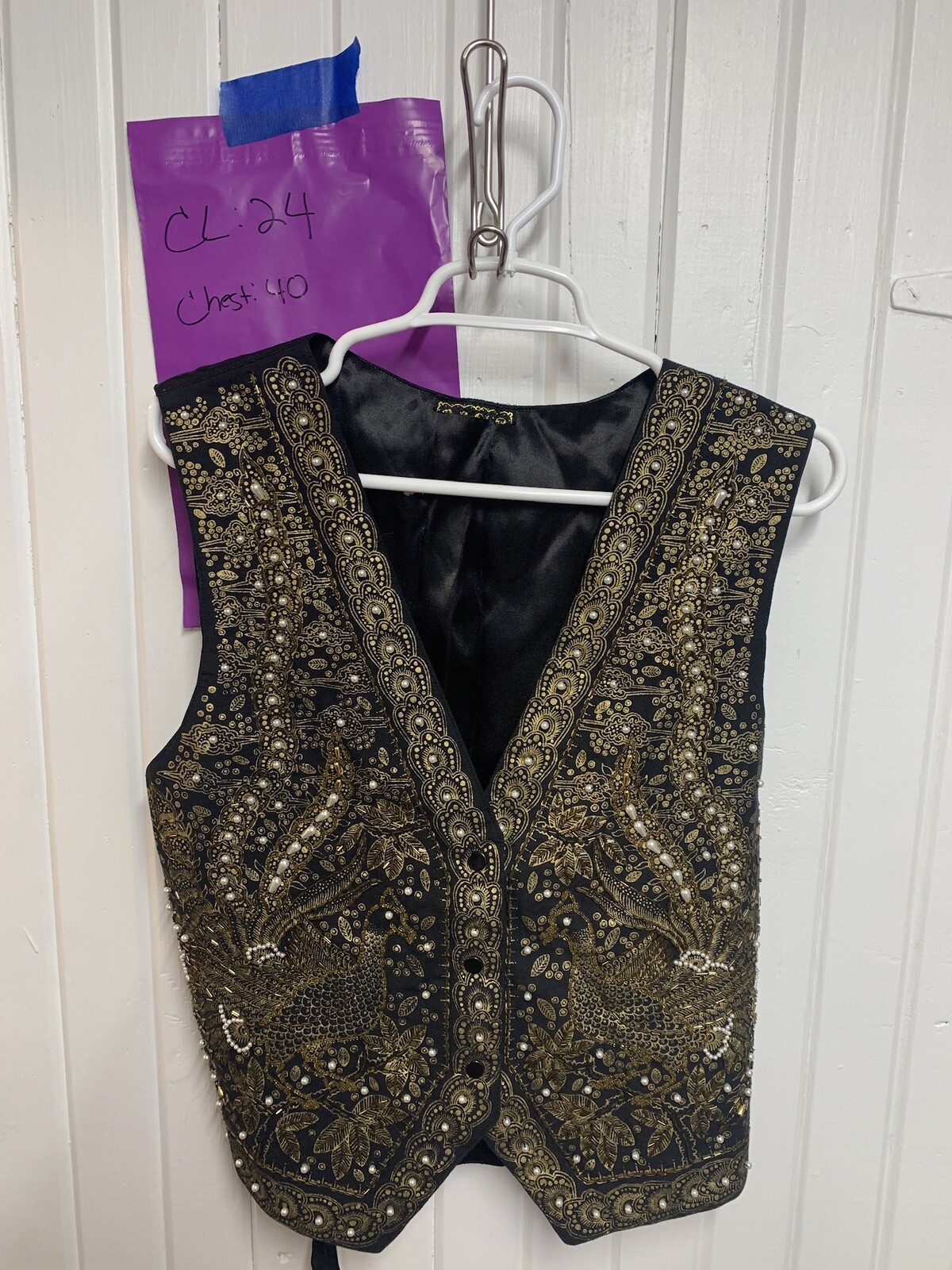 VTG 90s Gold Black Pearl Beaded Vest Peacocks Floral Indian Motifs Boho Chest 40