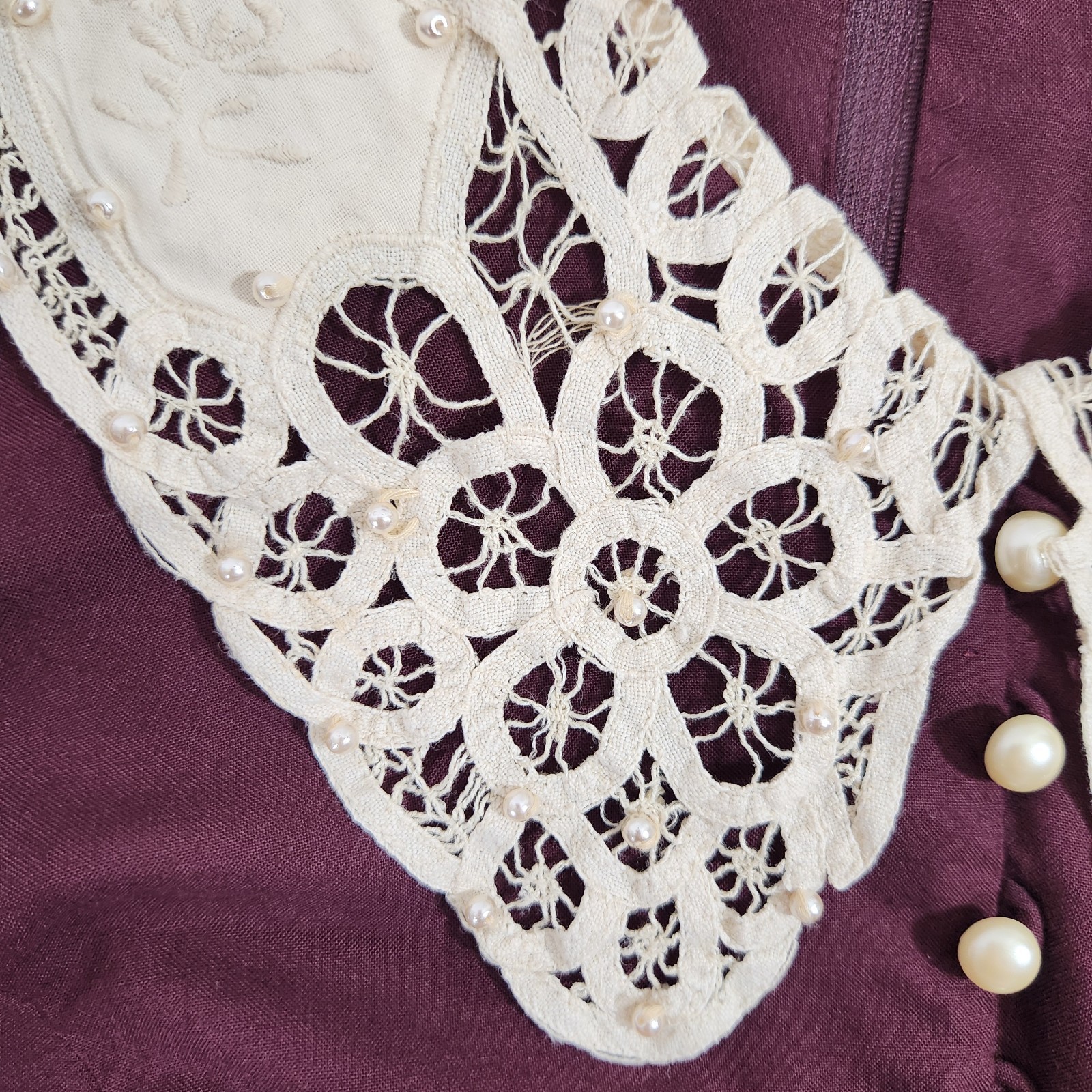 Vintage Plaza South Plus 20W Burgundy Prairie Midi Dress Lace Collar Cottagecore