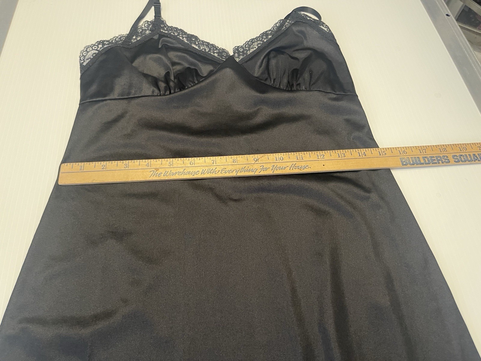 VINTAGE JET BLACK WITH BLACK LACE FIRST LOVE WOMEN’S FULL NYLON SLIP IN SIZE 36