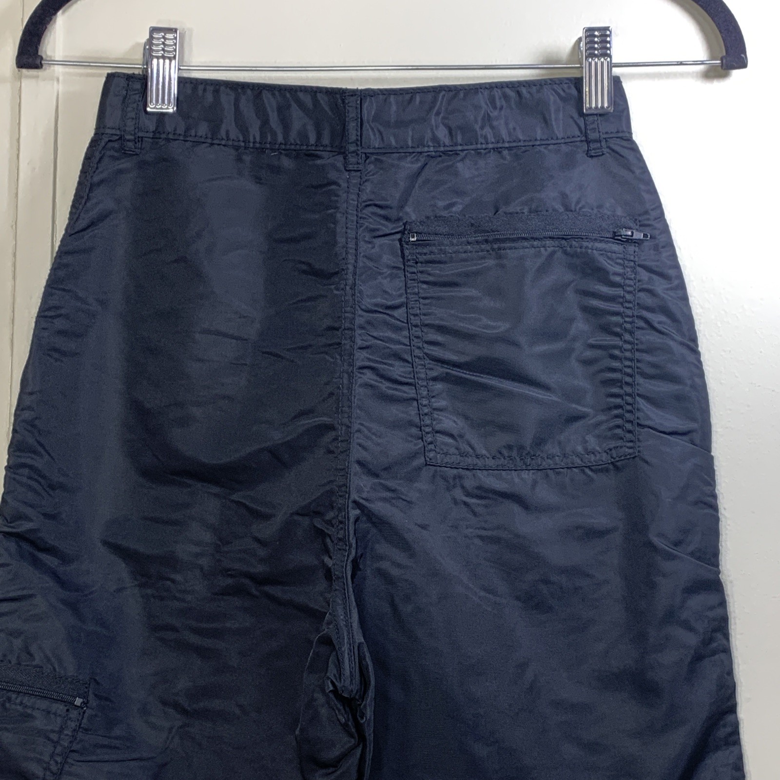 Iconic 80’s Black Parachute Pants Nylon Cargo 6 Pockets Zip Leg Size 7-8