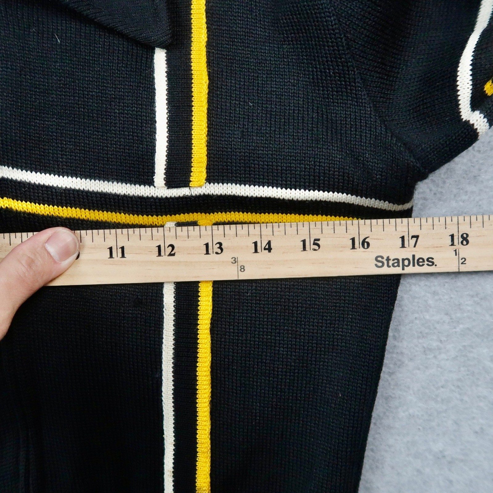 Vintage 70s Lasley Knitting Co Wool Full Zip S Sweater Black Yellow Stripe Talon